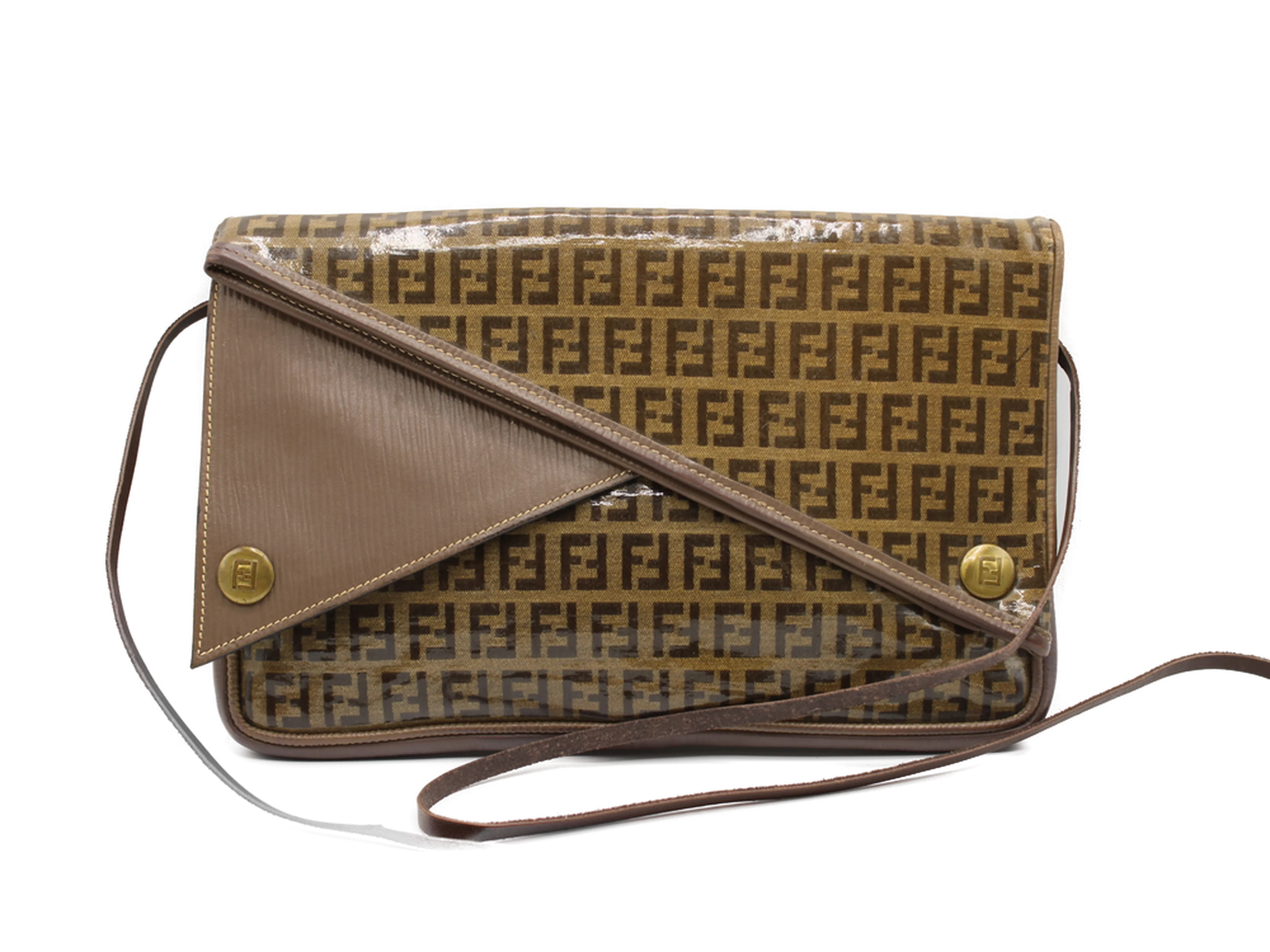 Fendi Zucchino Crossbody Bag Brown Triple Flap Design Vintage