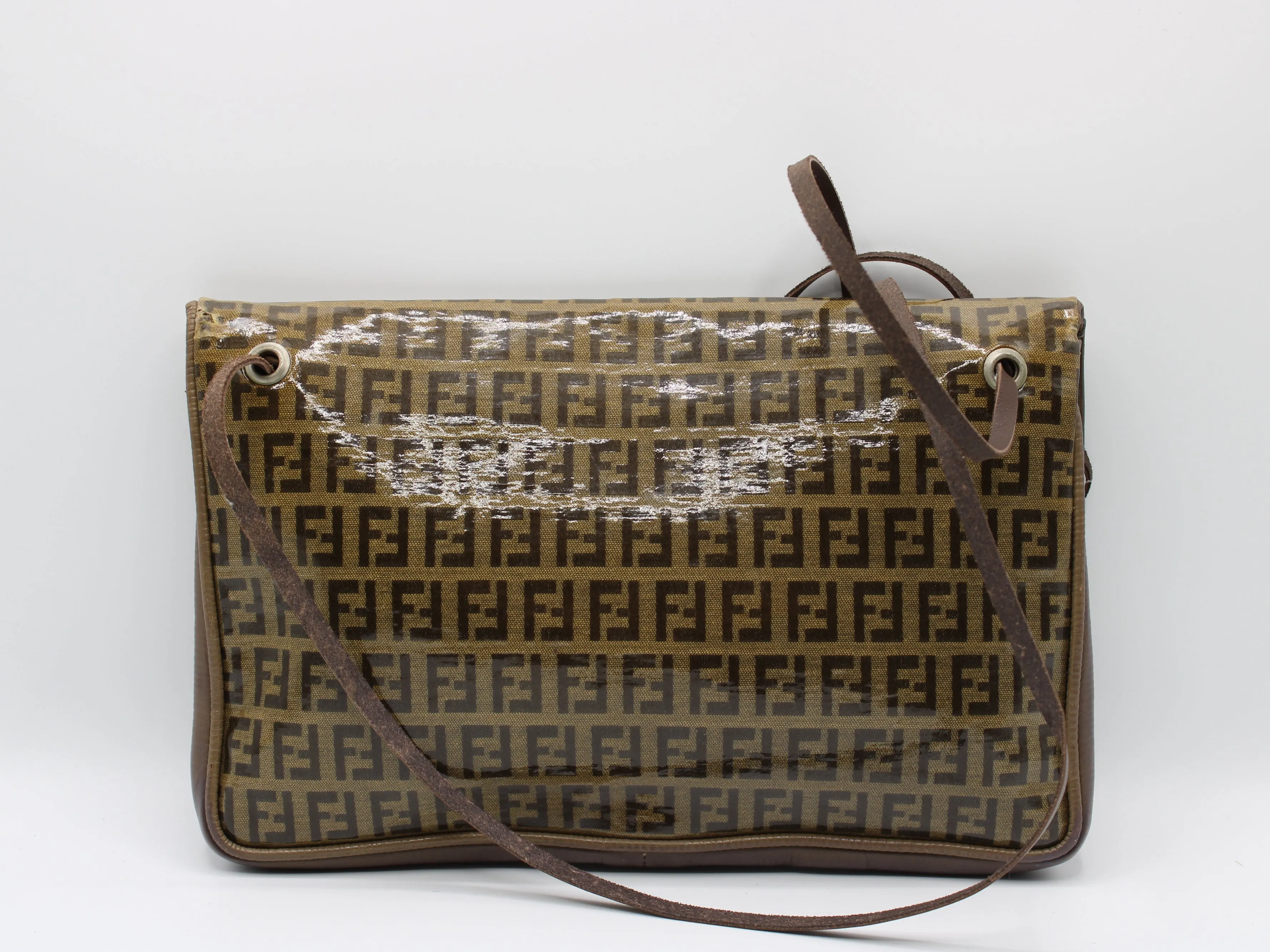 Fendi Zucchino Crossbody Bag Brown Triple Flap Design Vintage