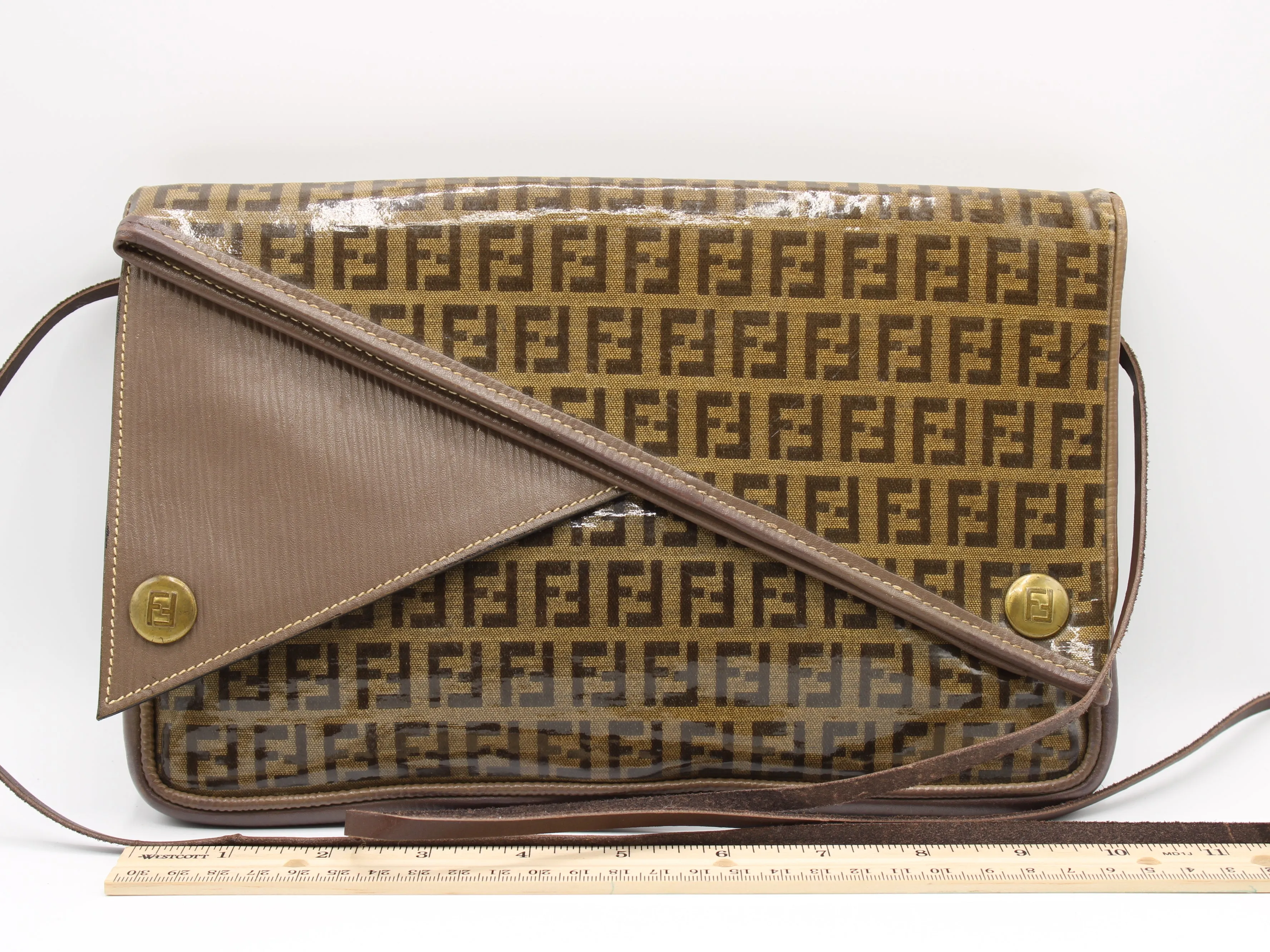 Fendi Zucchino Crossbody Bag Brown Triple Flap Design Vintage