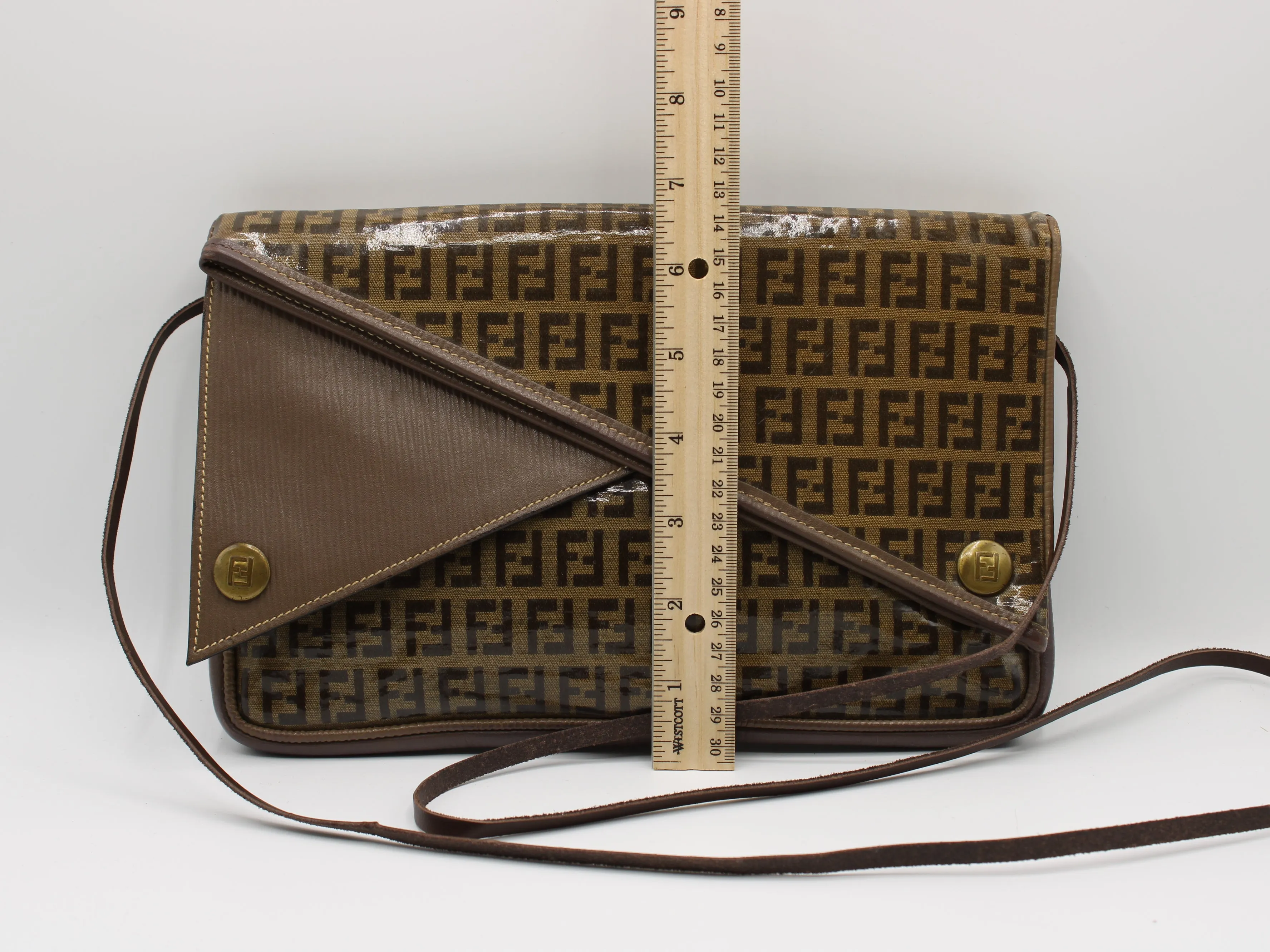Fendi Zucchino Crossbody Bag Brown Triple Flap Design Vintage