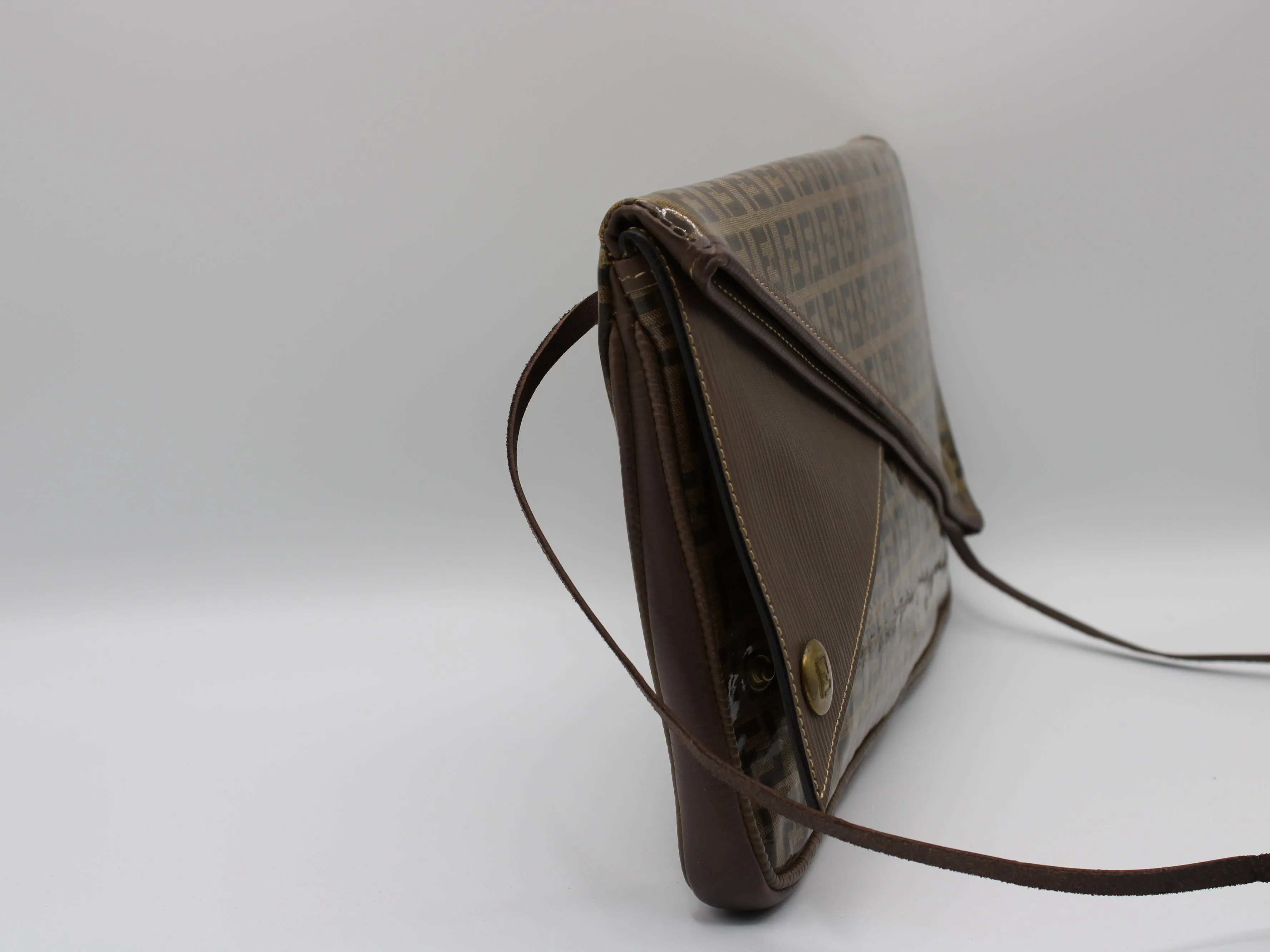 Fendi Zucchino Crossbody Bag Brown Triple Flap Design Vintage