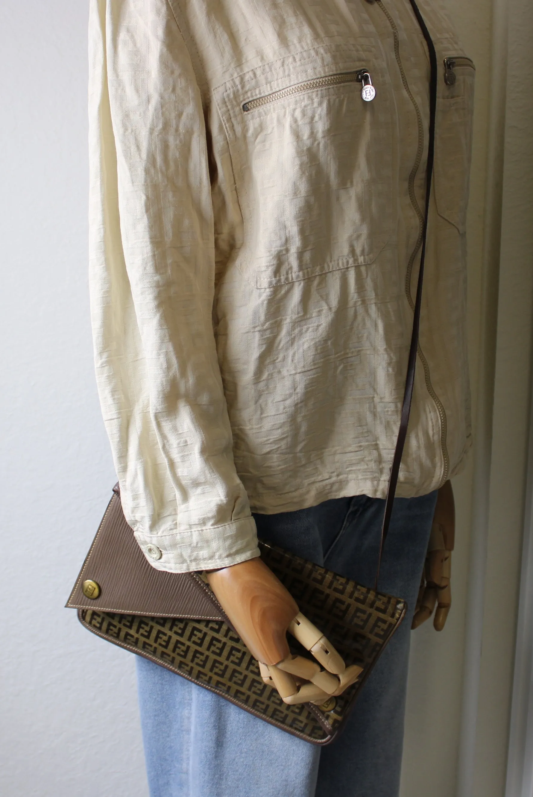 Fendi Zucchino Crossbody Bag Brown Triple Flap Design Vintage