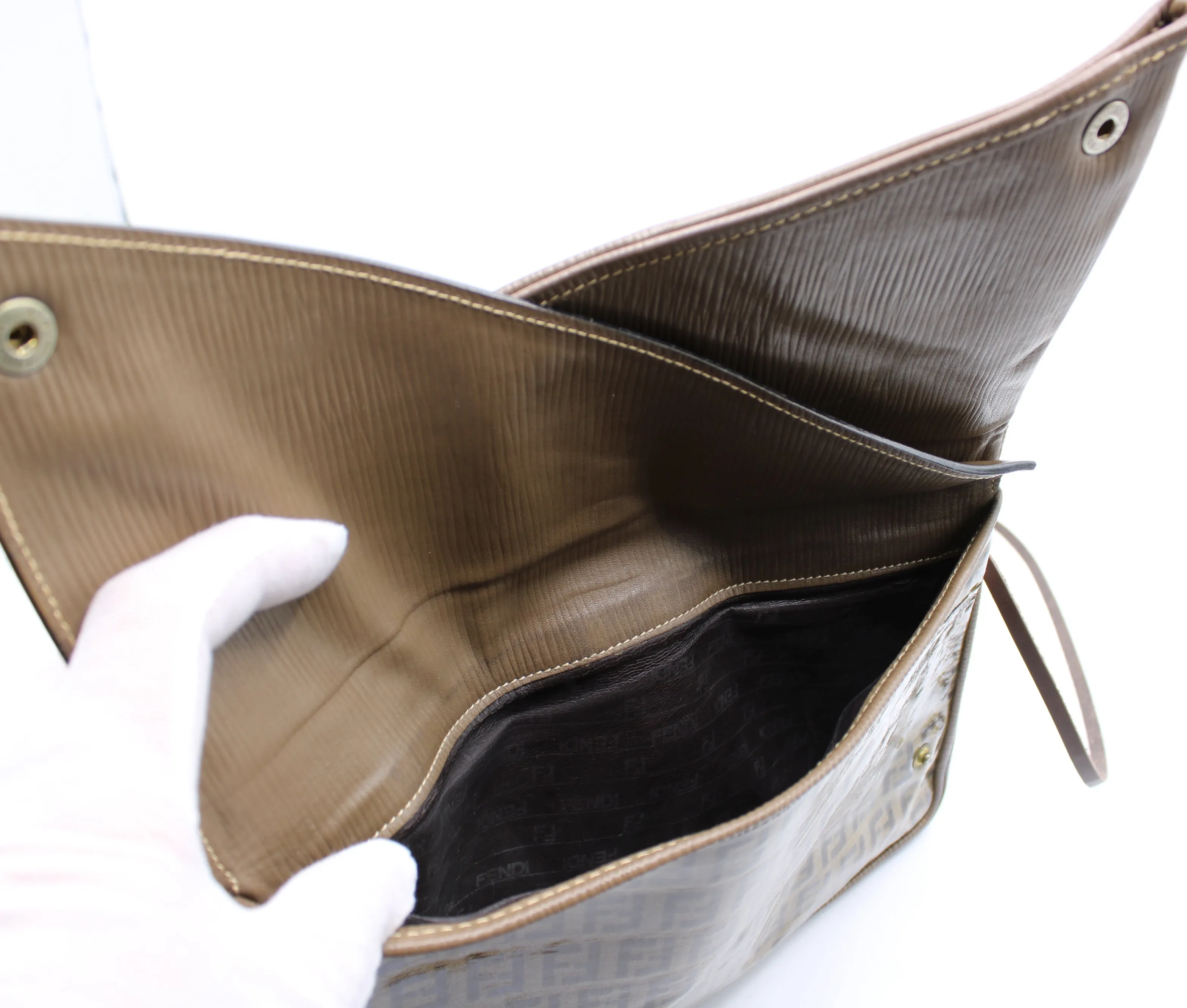 Fendi Zucchino Crossbody Bag Brown Triple Flap Design Vintage