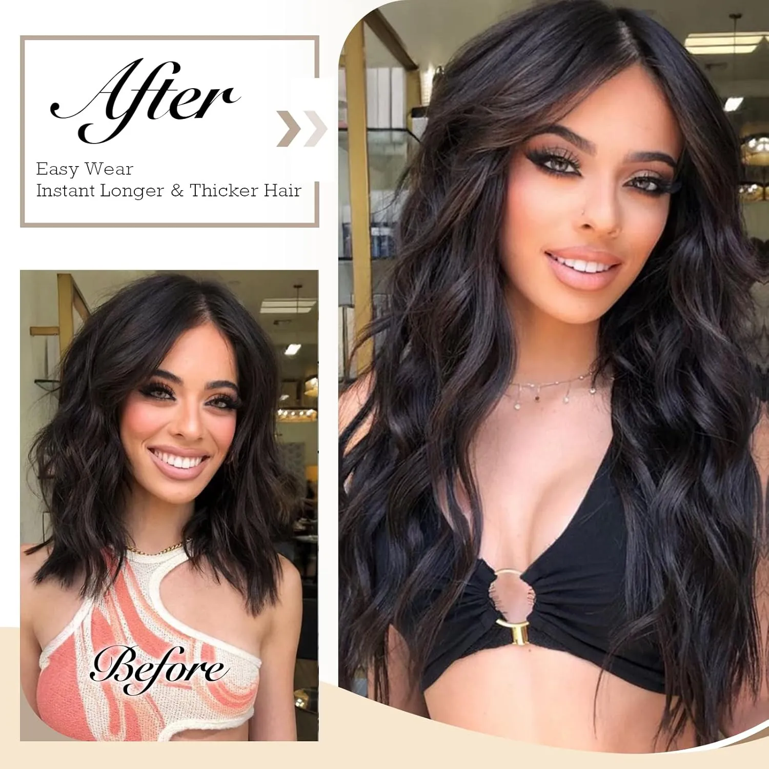FESHFEN Invisible Wire Hair Extensions with Transparent Wire Adjustable Size with 2 Secure Clips Synthetic Hair Piece Long Wavy Secret Headband Hairpieces for Women 20 inch Brown Blonde