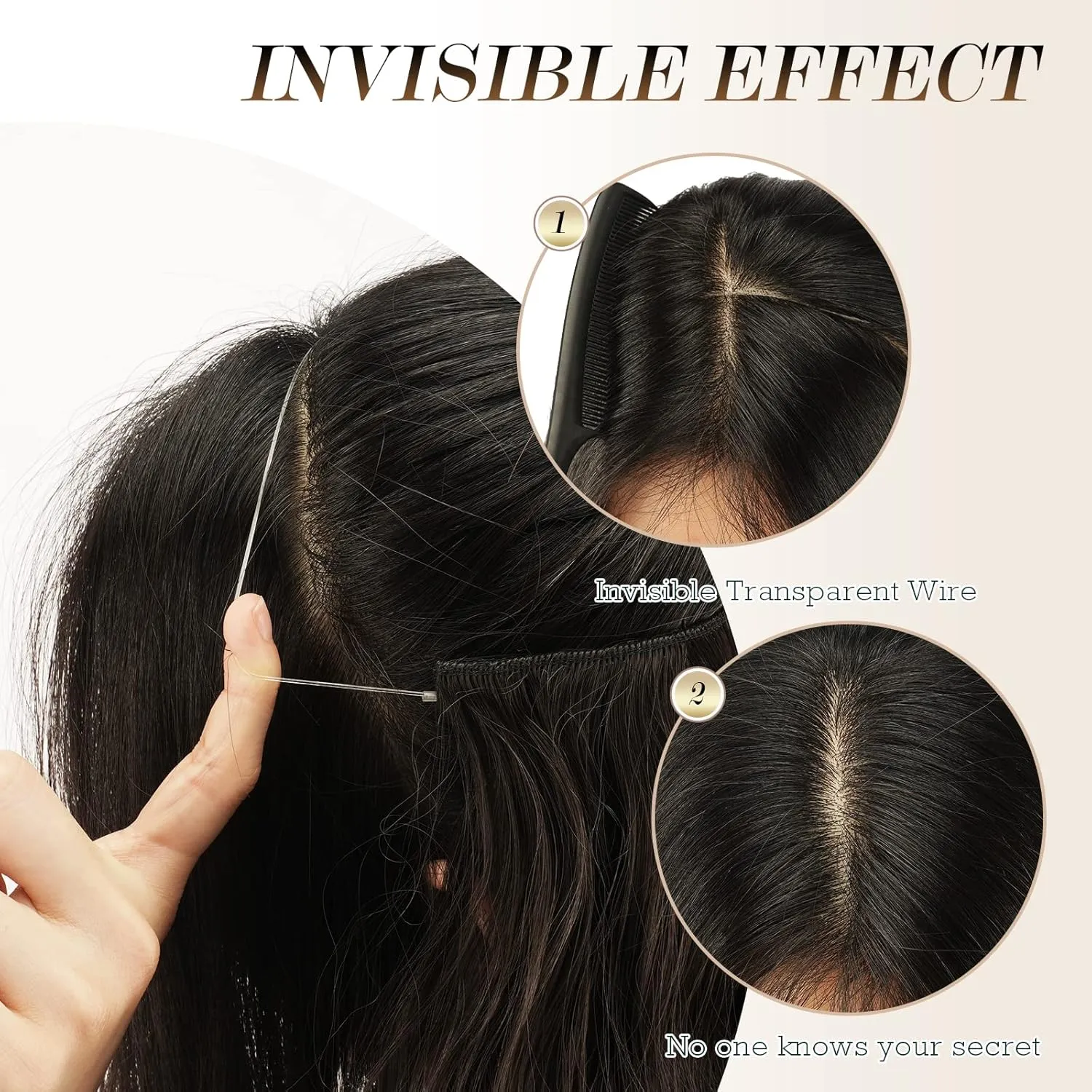 FESHFEN Invisible Wire Hair Extensions with Transparent Wire Adjustable Size with 2 Secure Clips Synthetic Hair Piece Long Wavy Secret Headband Hairpieces for Women 20 inch Brown Blonde