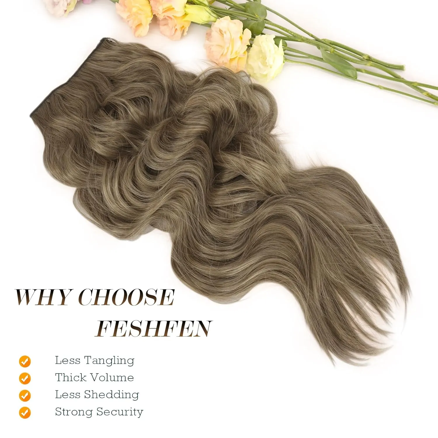 FESHFEN Invisible Wire Hair Extensions with Transparent Wire Adjustable Size with 2 Secure Clips Synthetic Hair Piece Long Wavy Secret Headband Hairpieces for Women 20 inch Brown Blonde
