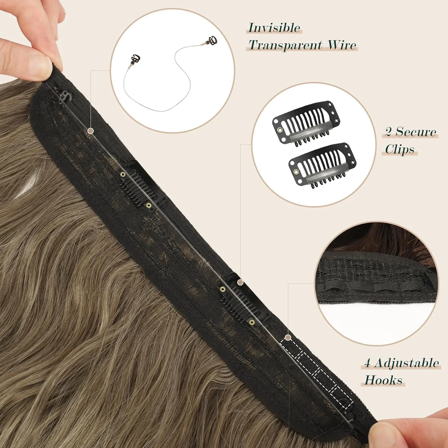 FESHFEN Invisible Wire Hair Extensions with Transparent Wire Adjustable Size with 2 Secure Clips Synthetic Hair Piece Long Wavy Secret Headband Hairpieces for Women 20 inch Brown Blonde