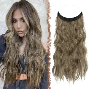 FESHFEN Invisible Wire Hair Extensions with Transparent Wire Adjustable Size with 2 Secure Clips Synthetic Hair Piece Long Wavy Secret Headband Hairpieces for Women 20 inch Brown Blonde