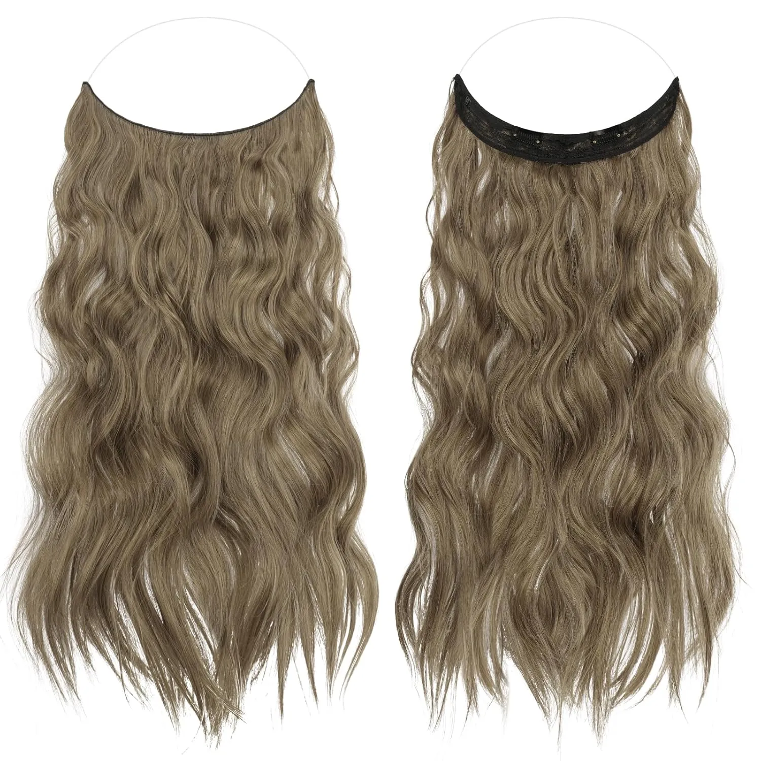 FESHFEN Invisible Wire Hair Extensions with Transparent Wire Adjustable Size with 2 Secure Clips Synthetic Hair Piece Long Wavy Secret Headband Hairpieces for Women 20 inch Brown Blonde