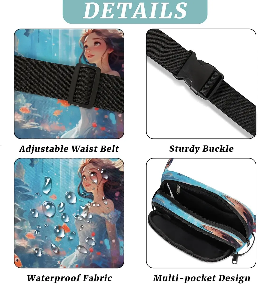 Fish Flower Girl Men's and Women's Waist Pack Crossbody Underwater Biological Waist Pack Running Strap, Adjustable Shoulder Strap - For Hiking and Running Exercise Fitness