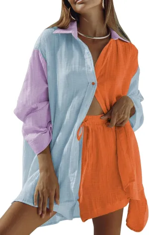 Fixmatti Women 2 Piece Outfits Long Sleeve Button Down Blouse and Shorts Sweatsuit Sets
