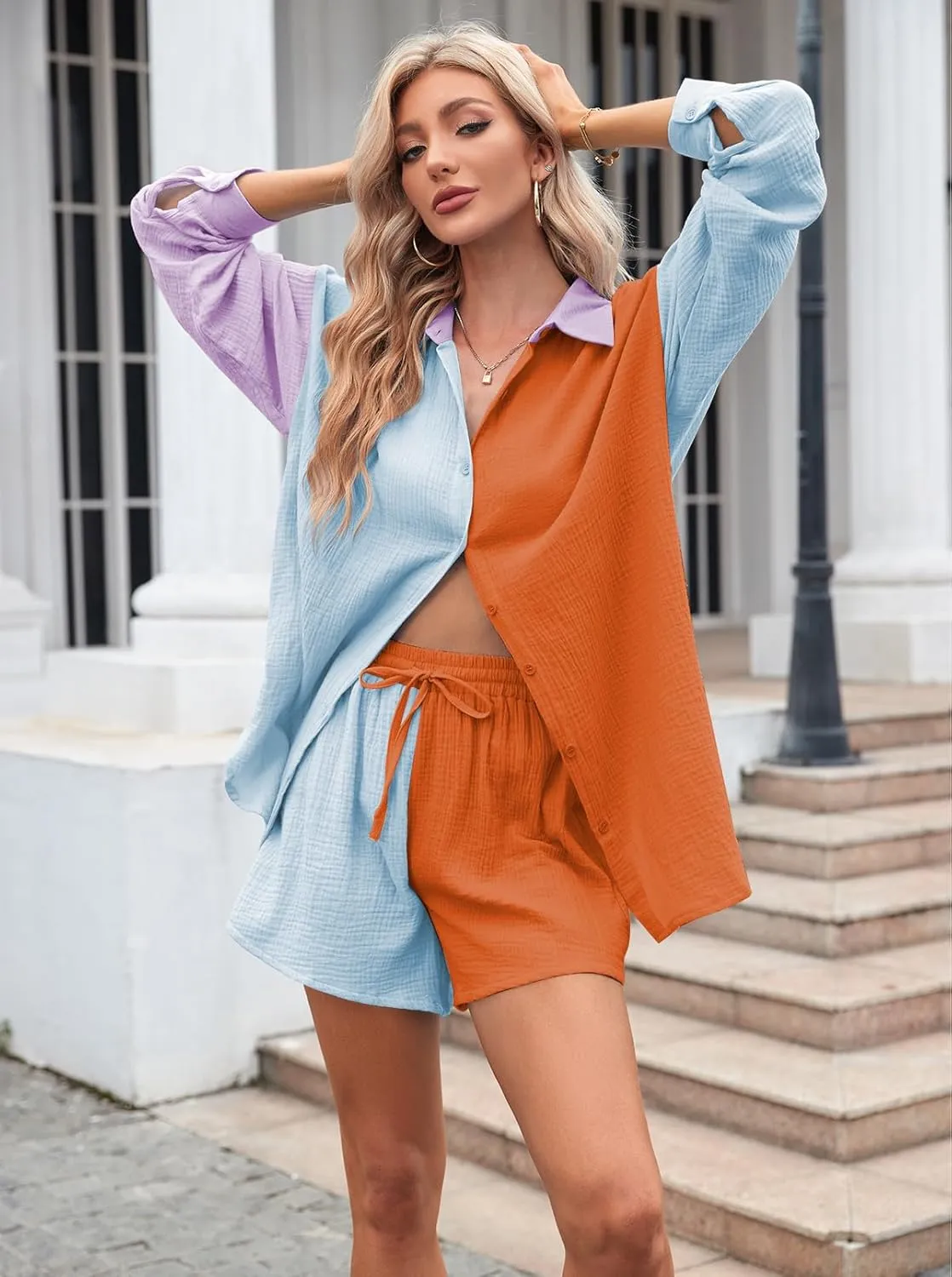 Fixmatti Women 2 Piece Outfits Long Sleeve Button Down Blouse and Shorts Sweatsuit Sets