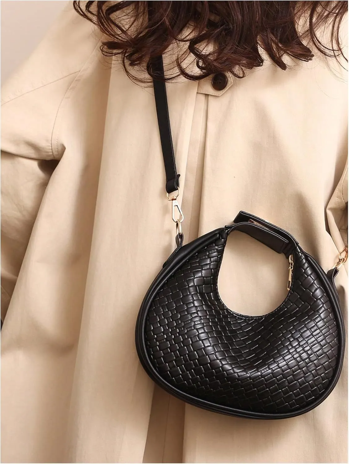 Floerns Women's Crossbody Bag Leather Weave Small Handbag Retro Crescent Bag