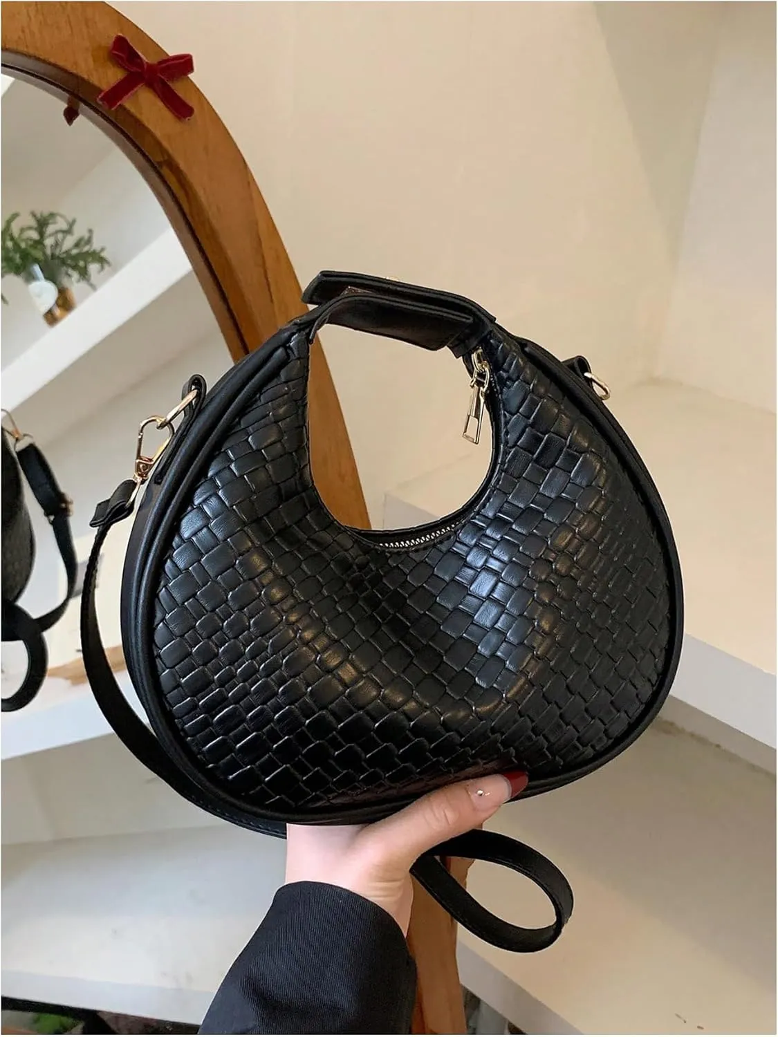 Floerns Women's Crossbody Bag Leather Weave Small Handbag Retro Crescent Bag