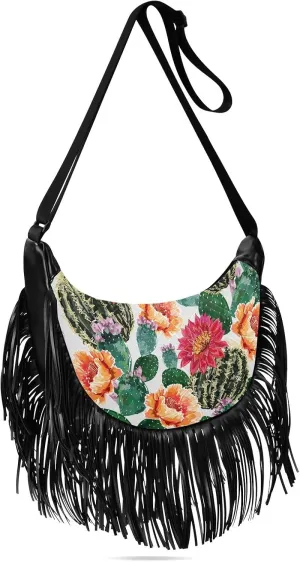 Floral Tassel Crossbody Bag Cactus Summer Flower Watercolor Women Fringe Boho Handbag Hippie Purse Vintage Bohemian Shoulder Bag '70s Daily Bag Valentines Gift for Wife, Lover