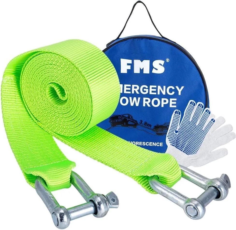 FMS Nylon Recovery Heavy Duty Tow Strap with 2 Safty Hooks & Free Carry Case, 2" x 12.5',11000lb Capacity (Green)
