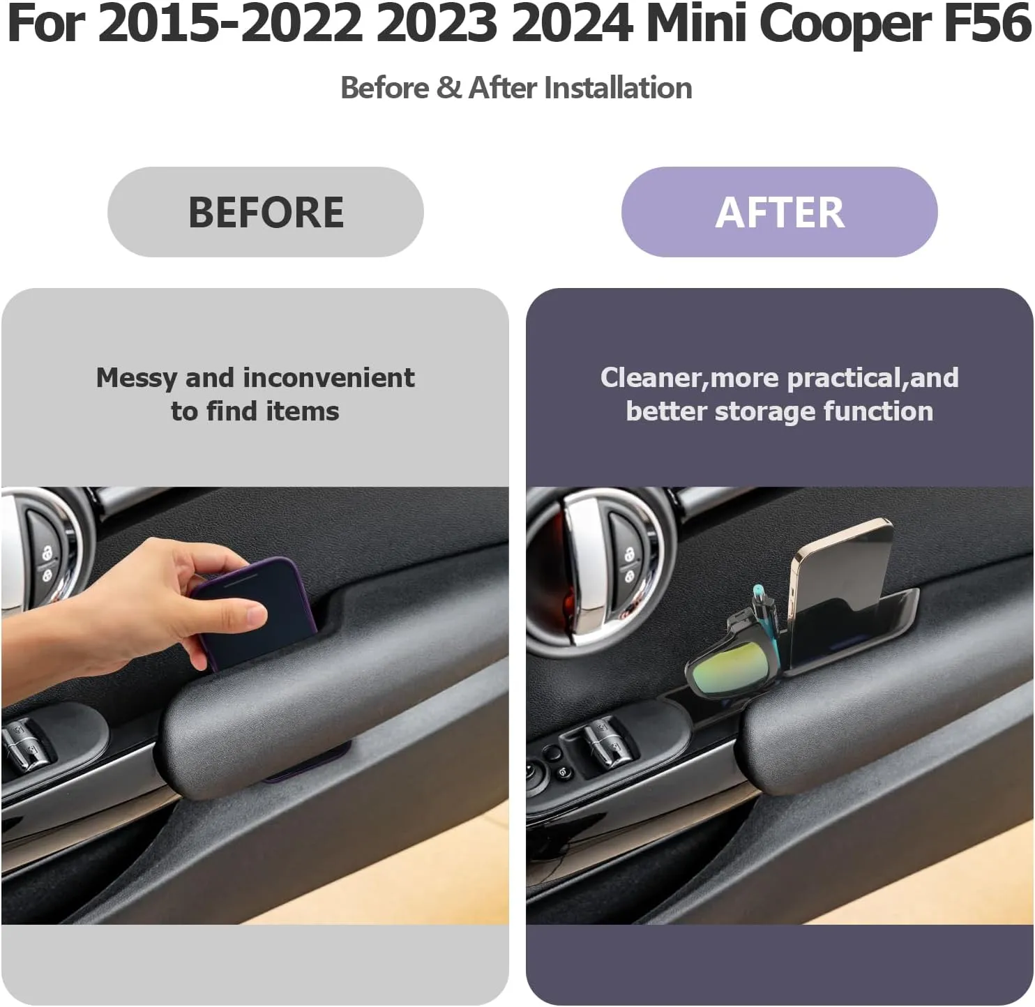 for 2024 Mini Cooper F56 Organizer Mini Cooper F56 Front Door Side Storage Box Door Side Organizer Grab Tray 2015-2024 Mini Cooper Armrest Phone Container Mini Cooper Countryman Accessories 2PCS