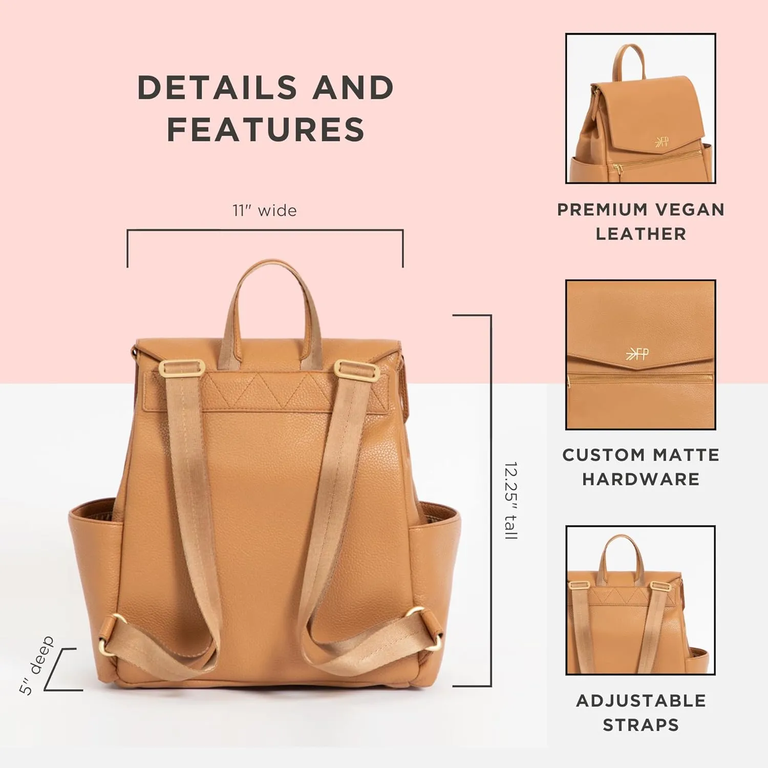 Freshly Picked Mini Classic Diaper Bag Backpack, Wipeable Vegan Leather Diaper Backpack, 8 Pockets (Butterscotch Tan)