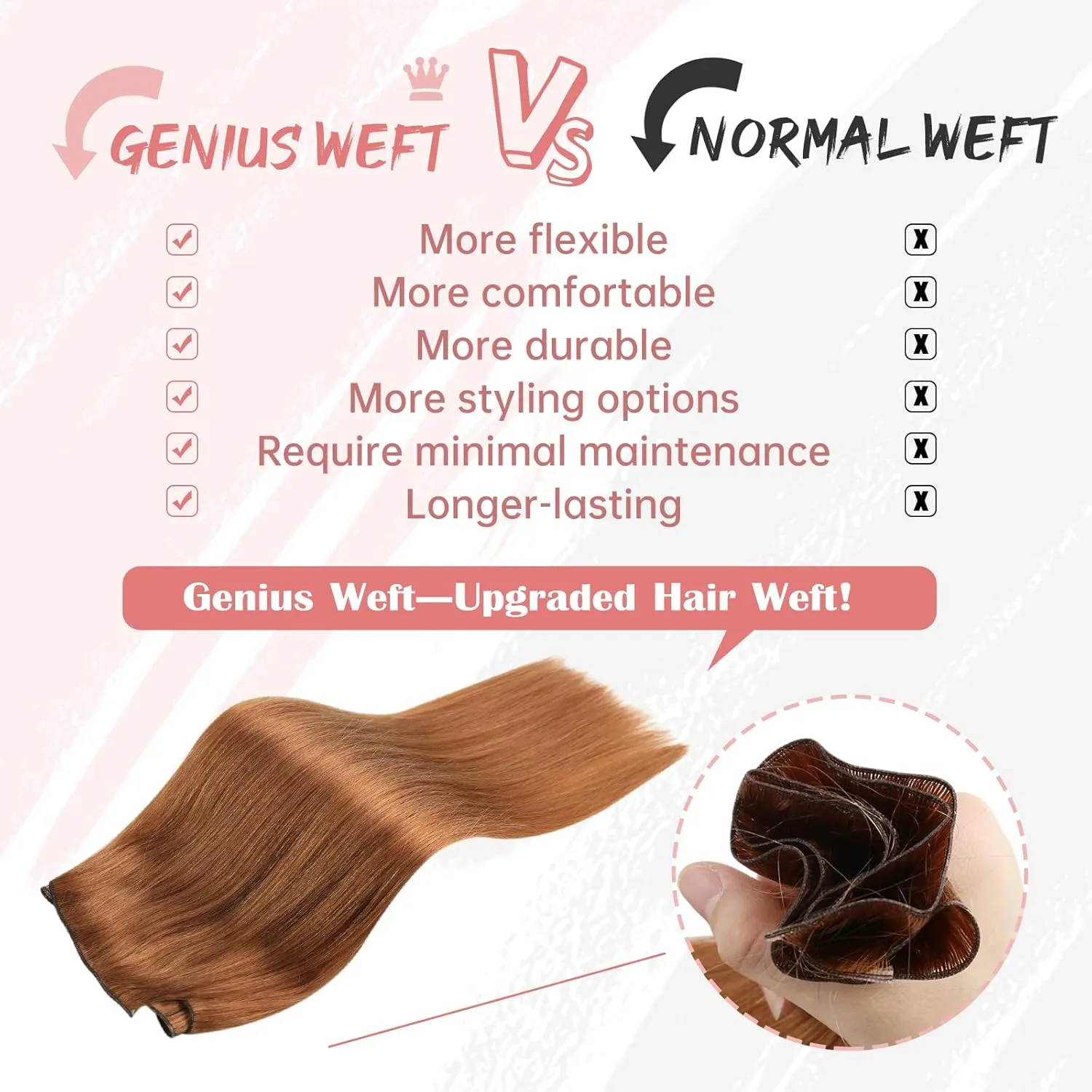 Fshine Genius Weft Real Human Hair Extensions Color #330 Copper 14 Inch 50g Auburn Sew in Remy Human Natural Human Genius Weft