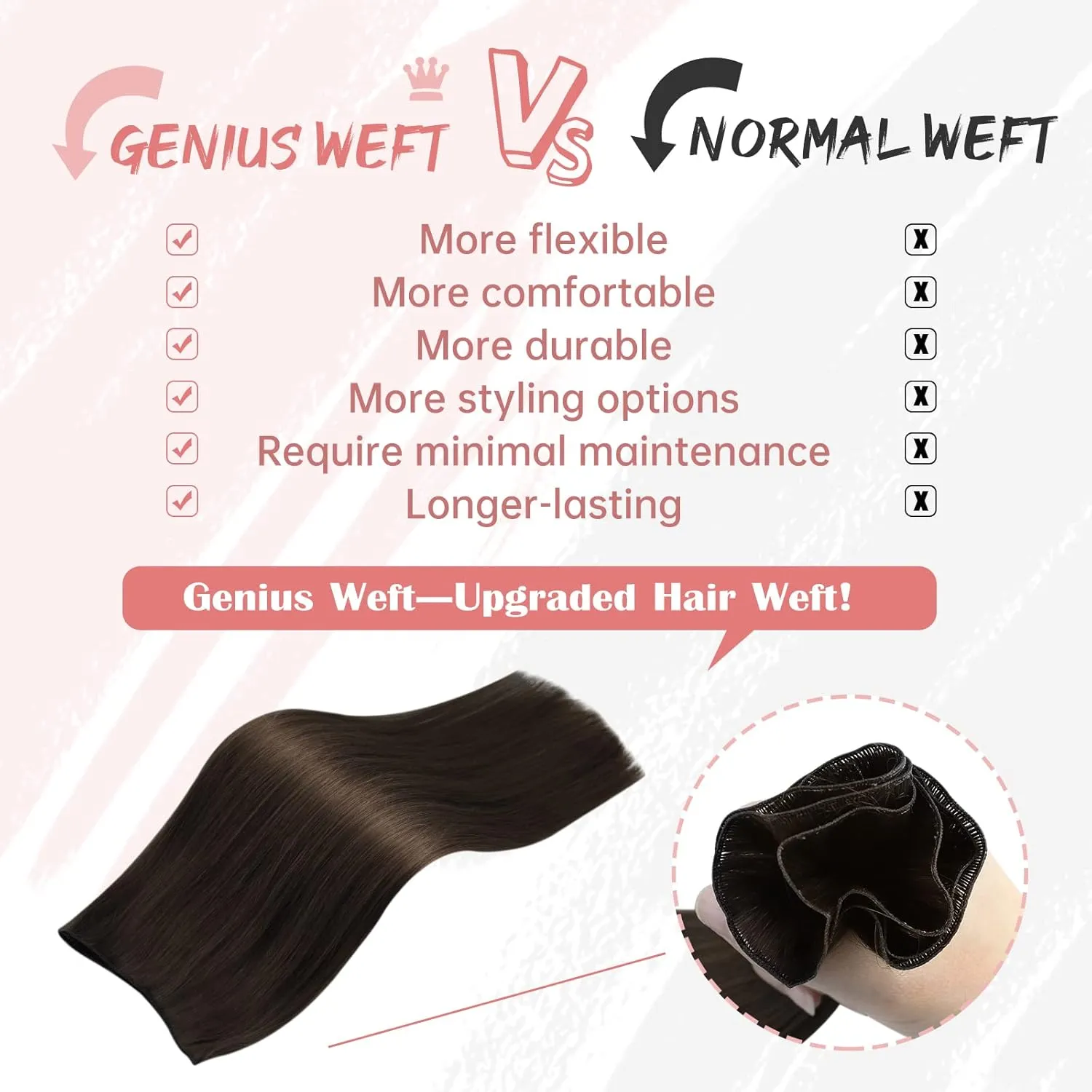 Fshine Genius Weft Real Human Hair Genius Weft for Women Darkest Brown Color 2 14 Inch 50 Gram Bundle Remy Human Bundle Natural Human Weave