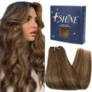 Fshine Hand Tied Weft Hair Extensions Human Hair Balayage Medium Brown Mixed Blonde Remy Hair Soft and Light Weight Straight Hair Specially for Your Fashionable Hairstyle 14 Inch 100 Gram