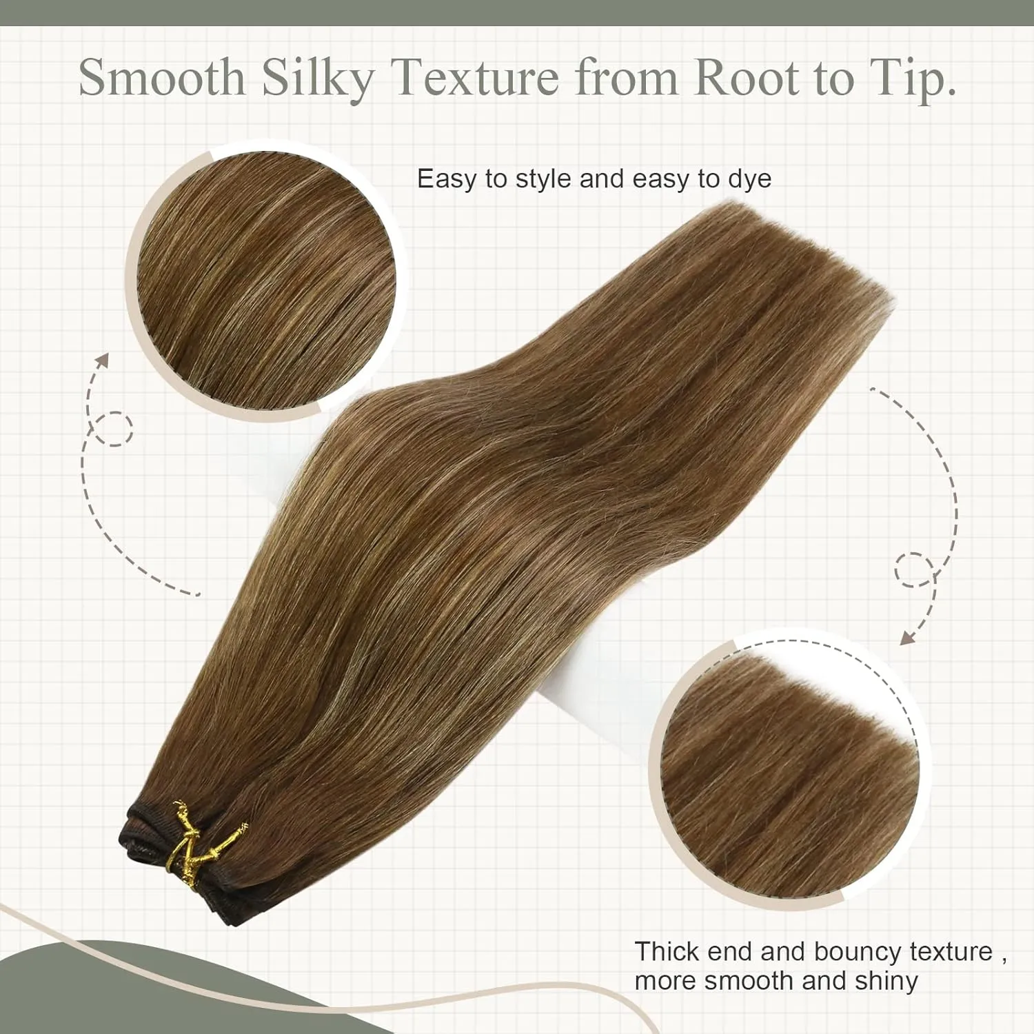 Fshine Hand Tied Weft Hair Extensions Human Hair Balayage Medium Brown Mixed Blonde Remy Hair Soft and Light Weight Straight Hair Specially for Your Fashionable Hairstyle 14 Inch 100 Gram