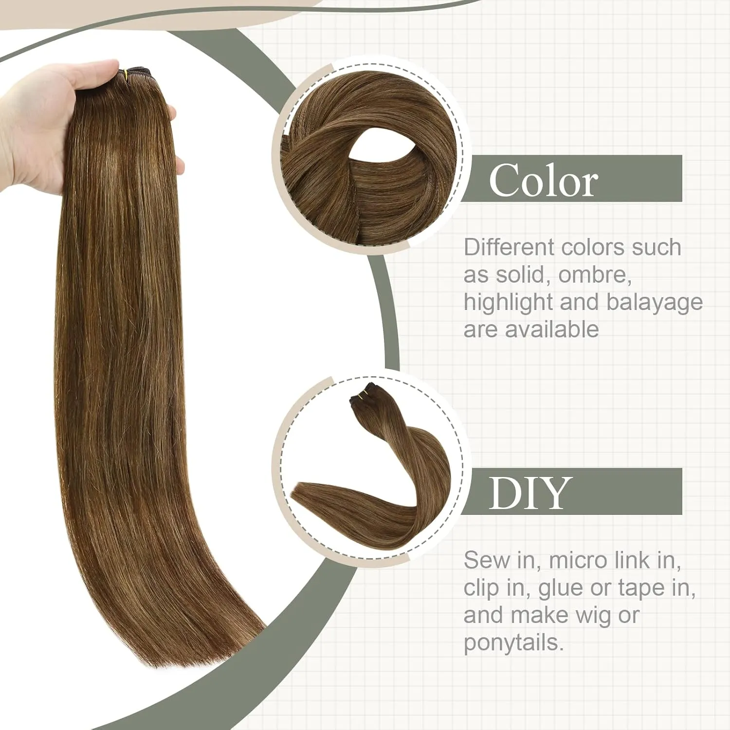 Fshine Hand Tied Weft Hair Extensions Human Hair Balayage Medium Brown Mixed Blonde Remy Hair Soft and Light Weight Straight Hair Specially for Your Fashionable Hairstyle 14 Inch 100 Gram