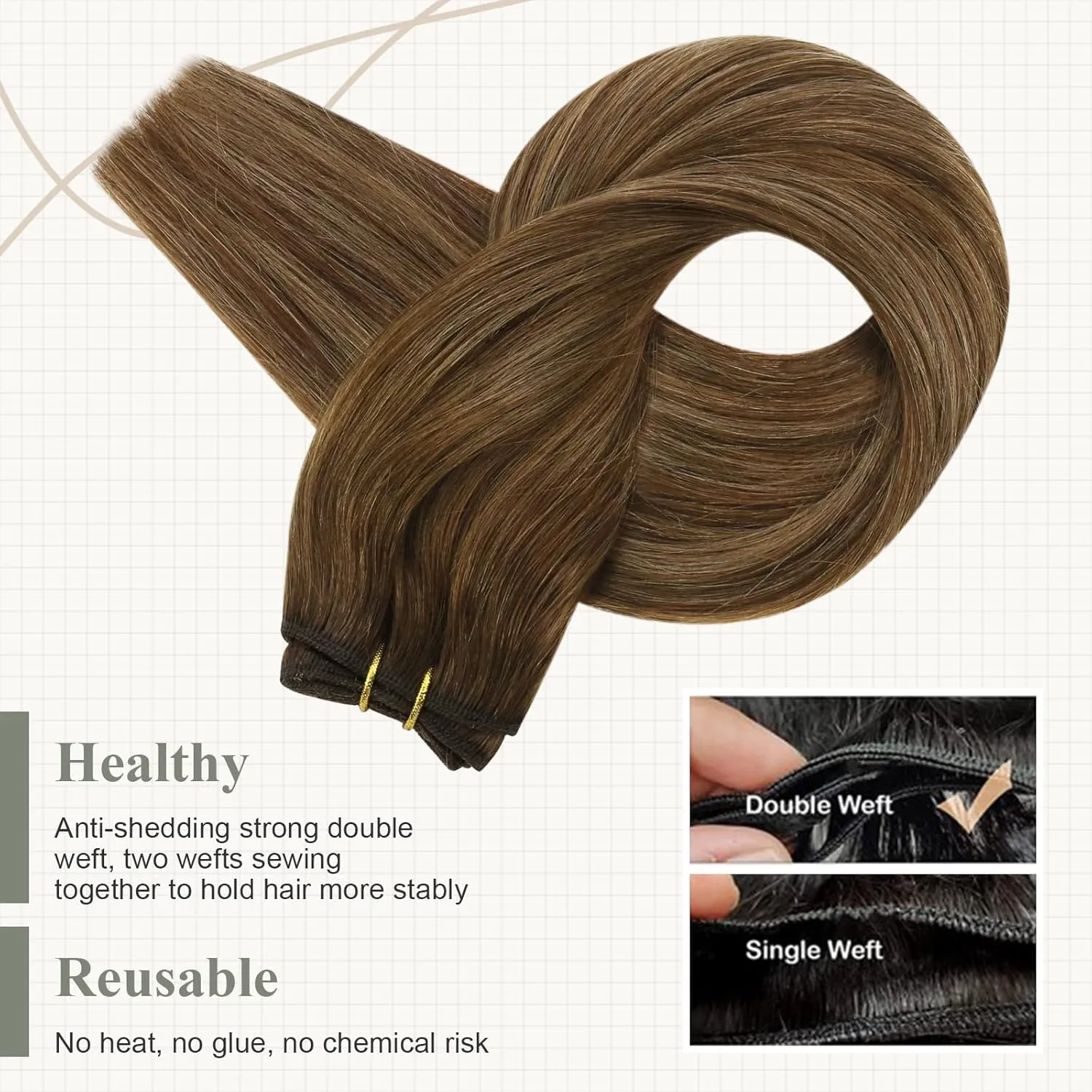 Fshine Hand Tied Weft Hair Extensions Human Hair Balayage Medium Brown Mixed Blonde Remy Hair Soft and Light Weight Straight Hair Specially for Your Fashionable Hairstyle 14 Inch 100 Gram