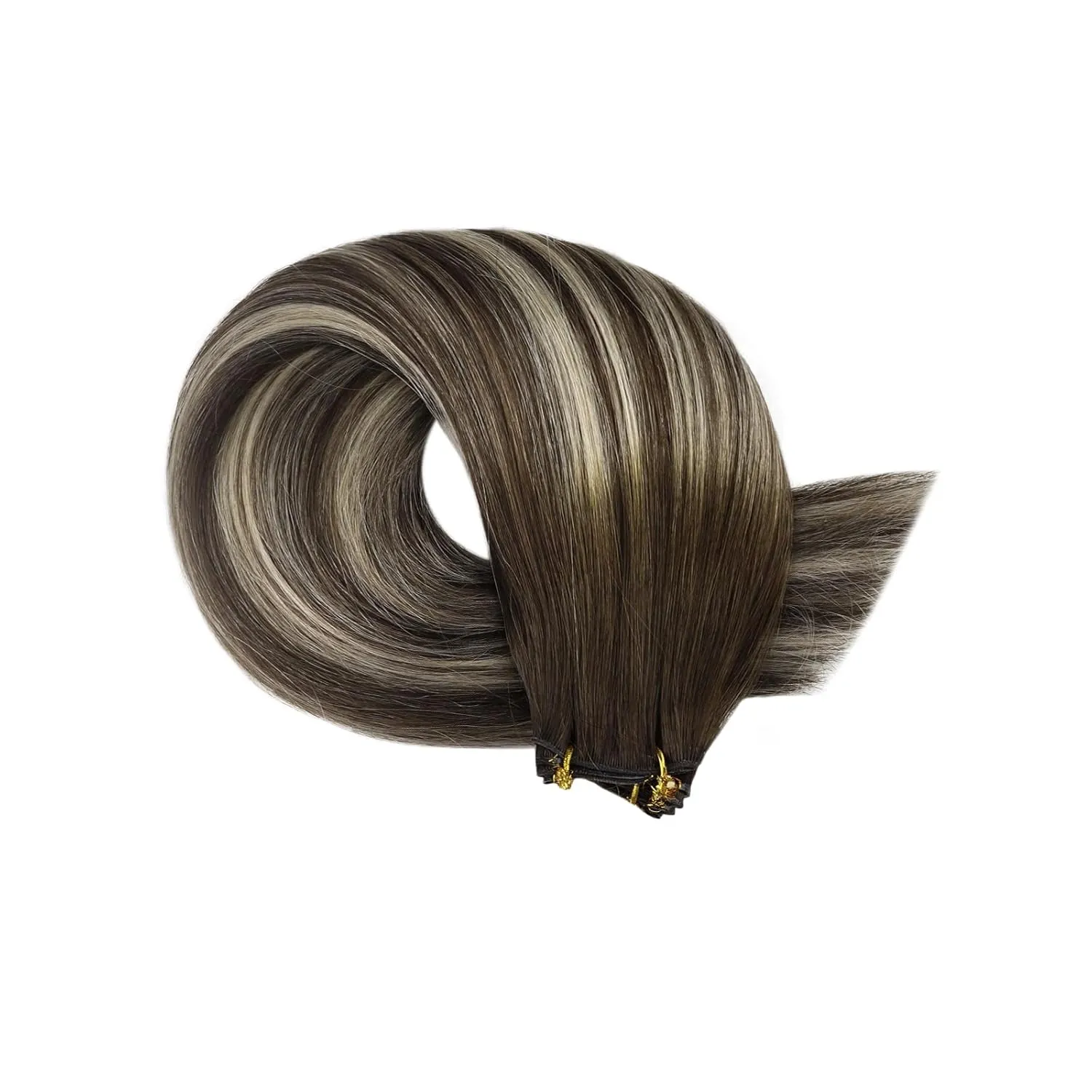 Fshine Real Human Hair Genius Weft Extensions 50g 14Inch Human Hair Hand Tied Genius Weft Balayage Dark Brown Highlights Platinum Blonde Human Hair Straight Hair Sewing Extensions