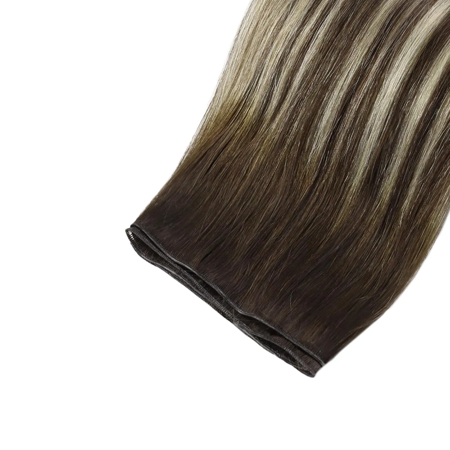Fshine Real Human Hair Genius Weft Extensions 50g 14Inch Human Hair Hand Tied Genius Weft Balayage Dark Brown Highlights Platinum Blonde Human Hair Straight Hair Sewing Extensions