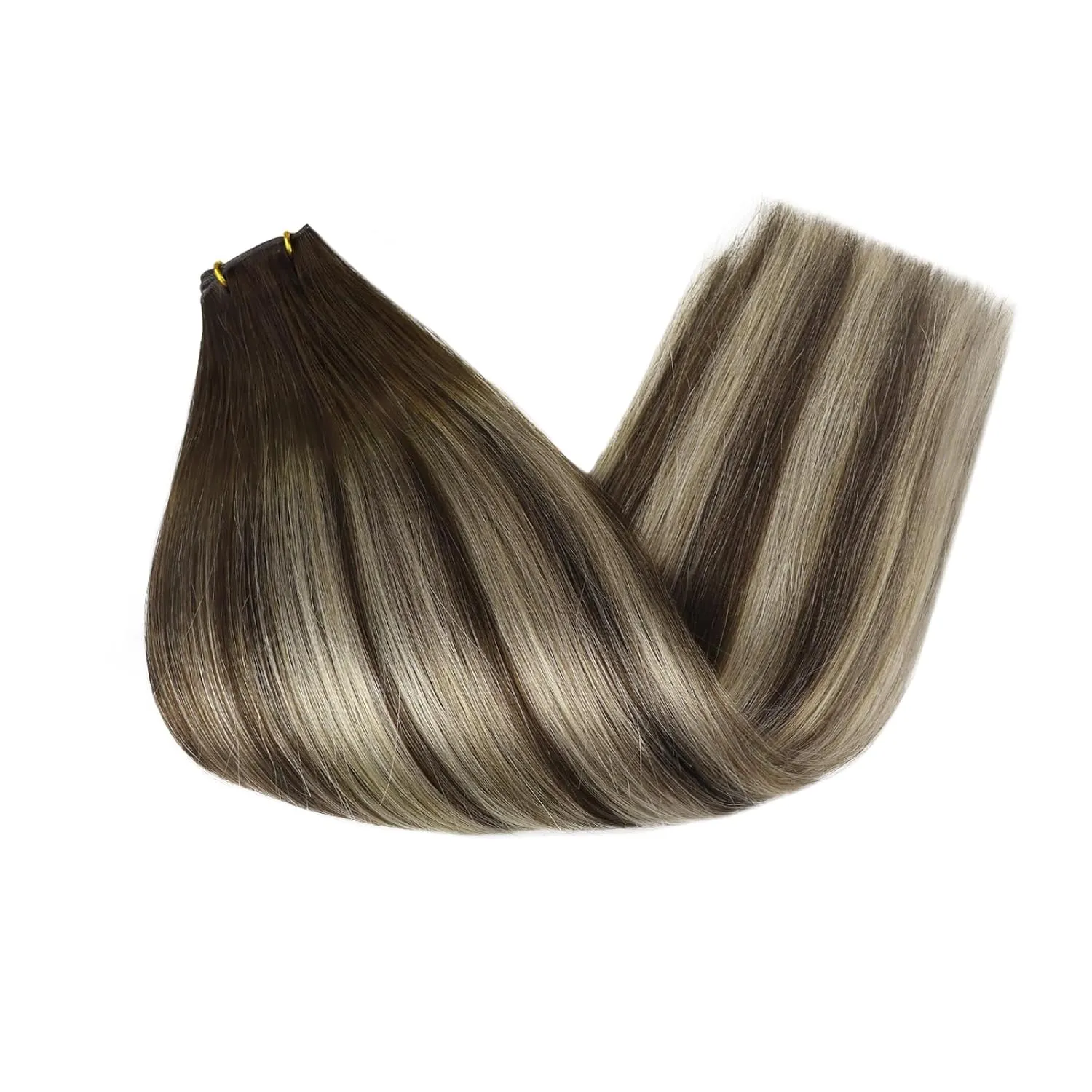 Fshine Real Human Hair Genius Weft Extensions 50g 14Inch Human Hair Hand Tied Genius Weft Balayage Dark Brown Highlights Platinum Blonde Human Hair Straight Hair Sewing Extensions