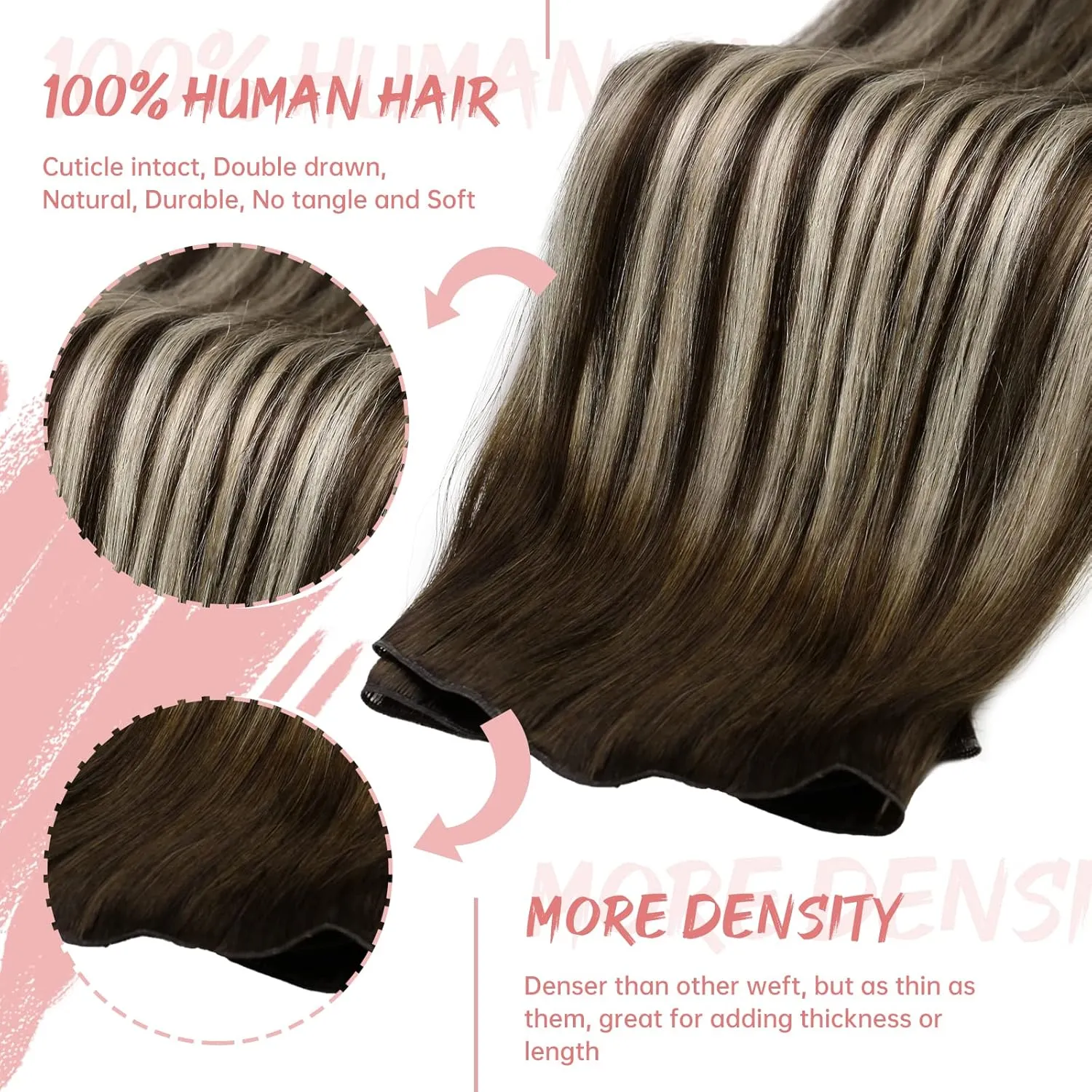Fshine Real Human Hair Genius Weft Extensions 50g 14Inch Human Hair Hand Tied Genius Weft Balayage Dark Brown Highlights Platinum Blonde Human Hair Straight Hair Sewing Extensions
