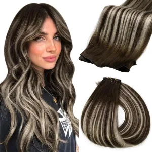 Fshine Real Human Hair Genius Weft Extensions 50g 14Inch Human Hair Hand Tied Genius Weft Balayage Dark Brown Highlights Platinum Blonde Human Hair Straight Hair Sewing Extensions