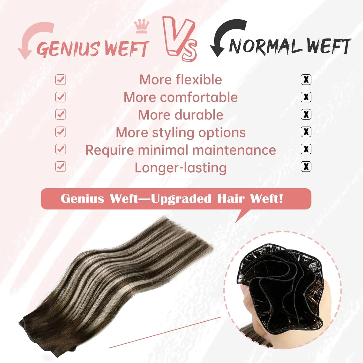 Fshine Real Human Hair Genius Weft Extensions 50g 14Inch Human Hair Hand Tied Genius Weft Balayage Dark Brown Highlights Platinum Blonde Human Hair Straight Hair Sewing Extensions