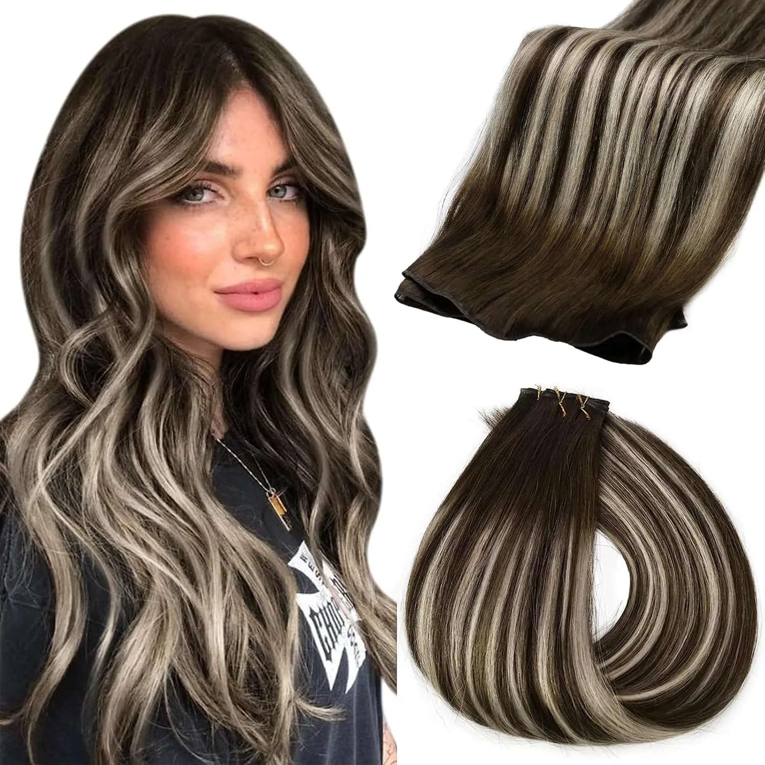 Fshine Real Human Hair Genius Weft Extensions 50g 14Inch Human Hair Hand Tied Genius Weft Balayage Dark Brown Highlights Platinum Blonde Human Hair Straight Hair Sewing Extensions