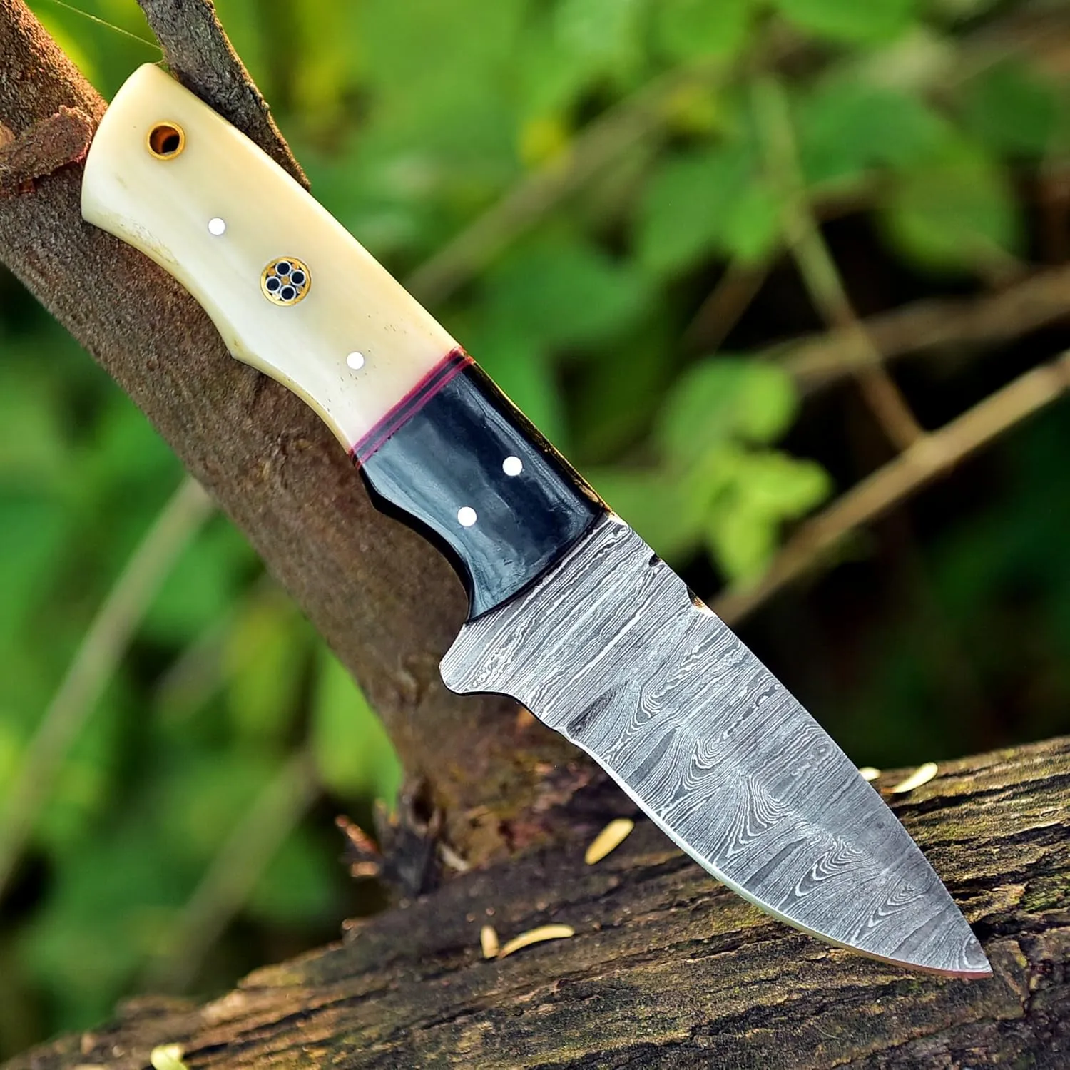 Full Tang Handmade Damascus Fixed Blade Knife With Leather Sheath - For Outdoor Camping, Hiking, Fishing, Hunting - Horizontal Carry Bushcraft Tracker Knife