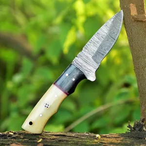 Full Tang Handmade Damascus Fixed Blade Knife With Leather Sheath - For Outdoor Camping, Hiking, Fishing, Hunting - Horizontal Carry Bushcraft Tracker Knife