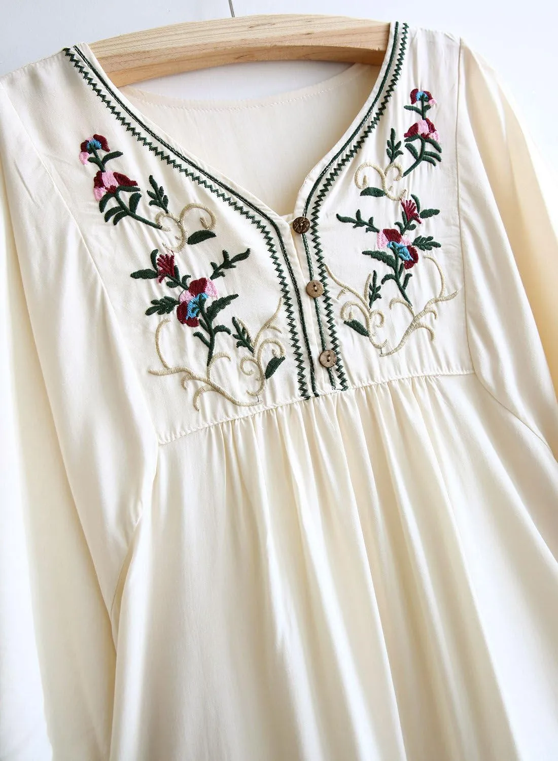 futurino Women's Bohemian Embroidered Crew Neck Dress Fashionable Classic Button Down Top