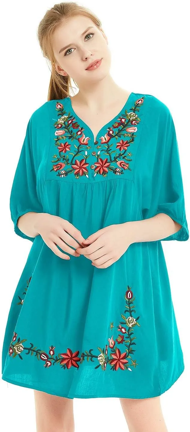 futurino Women's Bohemian Embroidered Crew Neck Dress Fashionable Classic Button Down Top
