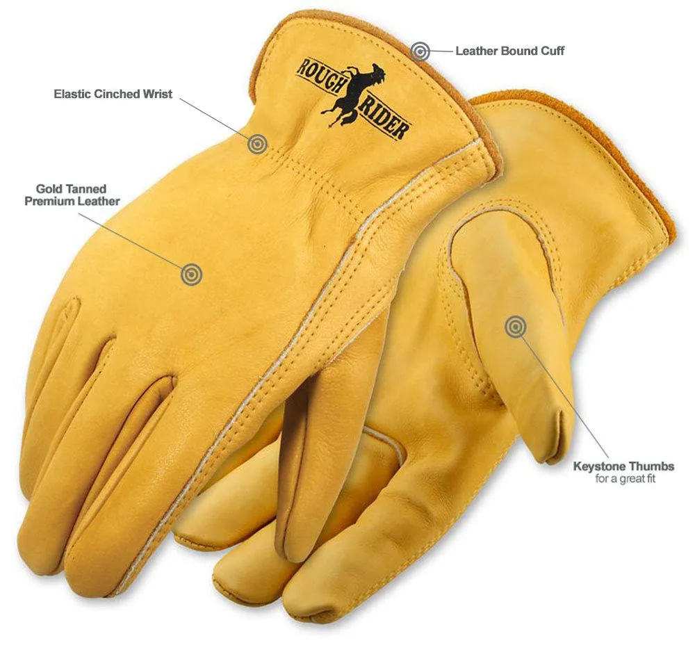Galeton - 25001PR-XL Rough Rider Premium Leather Driver Gloves With Elastic Back Gold