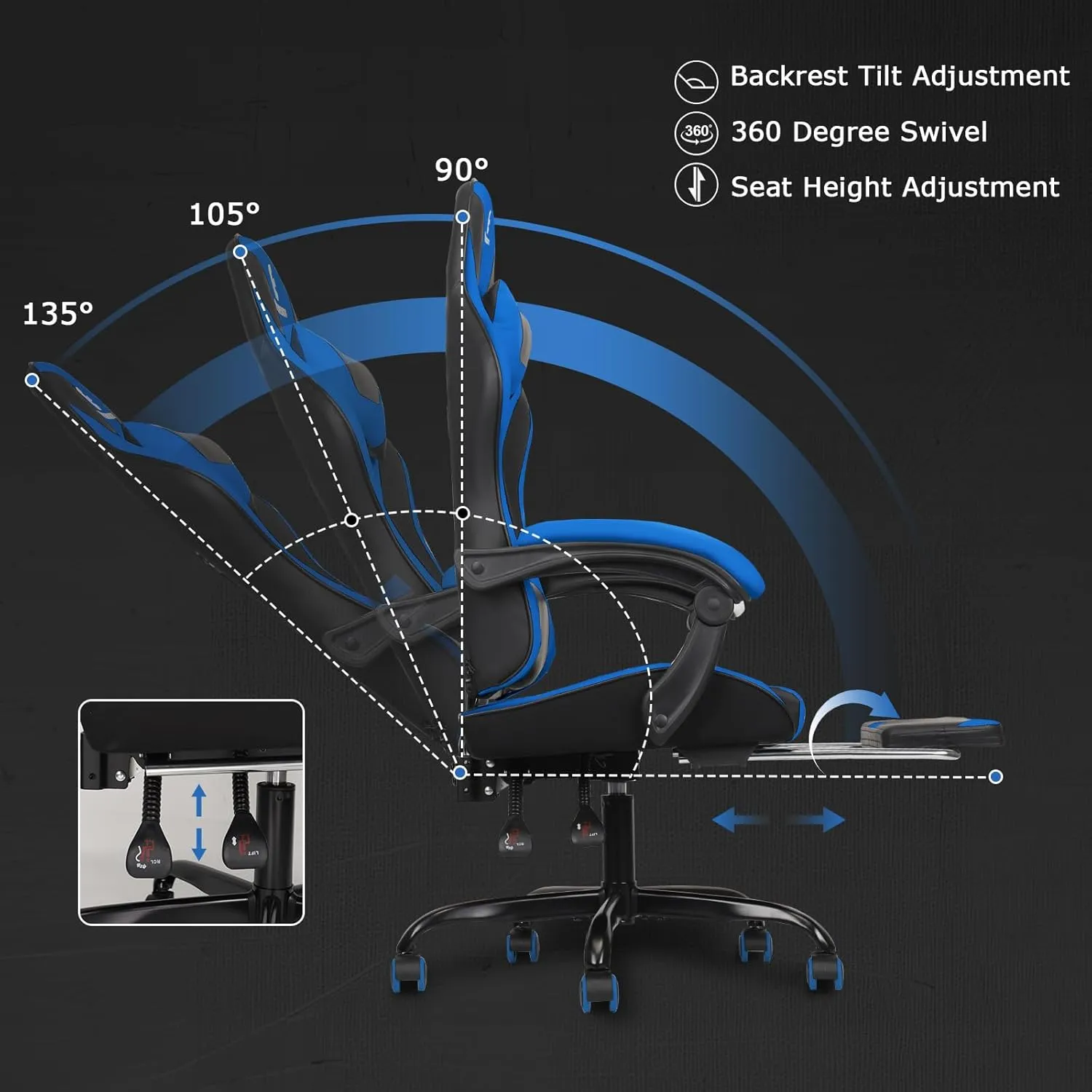 Gaming Chair with Linkage Armrest & Footrest, High Back Video Gaming Chair, Black/Blue