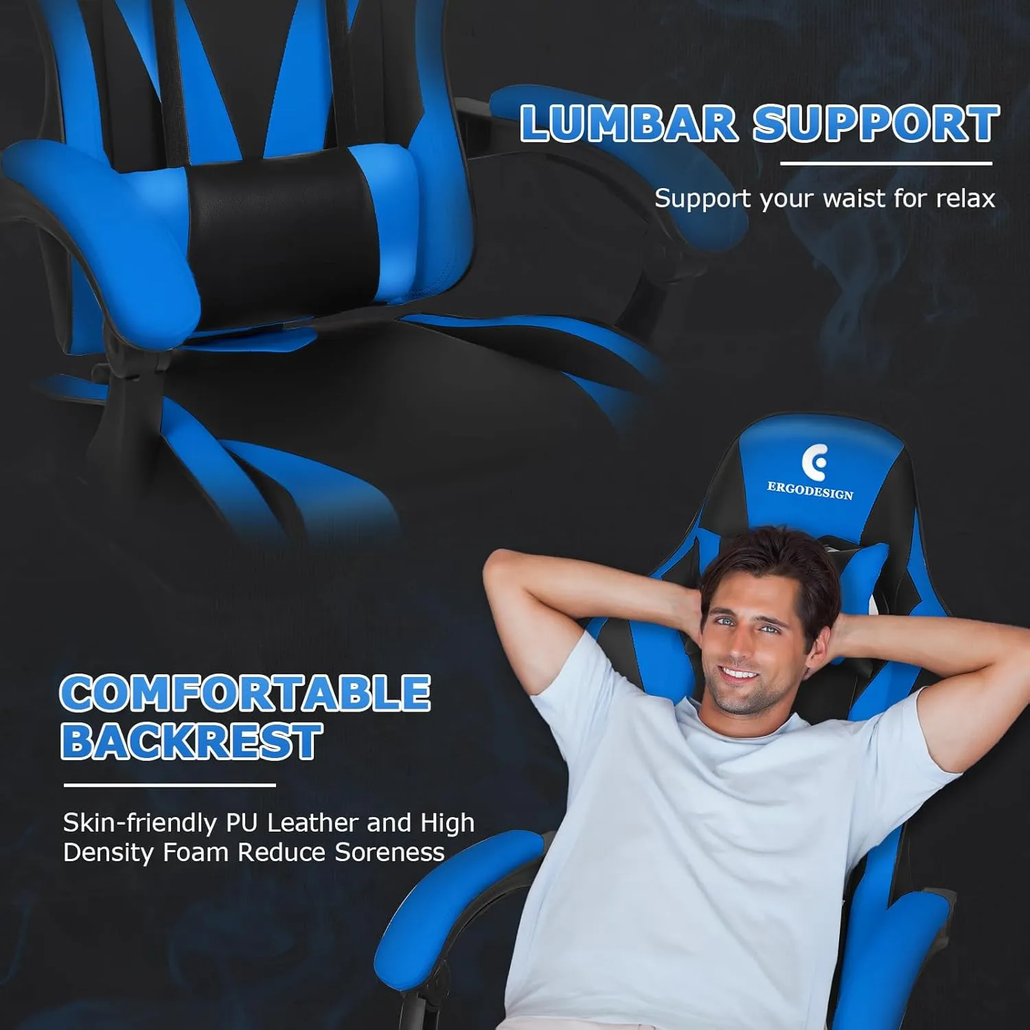 Gaming Chair with Linkage Armrest & Footrest, High Back Video Gaming Chair, Black/Blue
