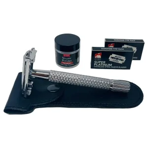 G.B.S Stainless Steel Double Edge Safety Razor, Leather Case, 20 Platinum Coated Blades, Styptic Powder, Men's Shaving Set