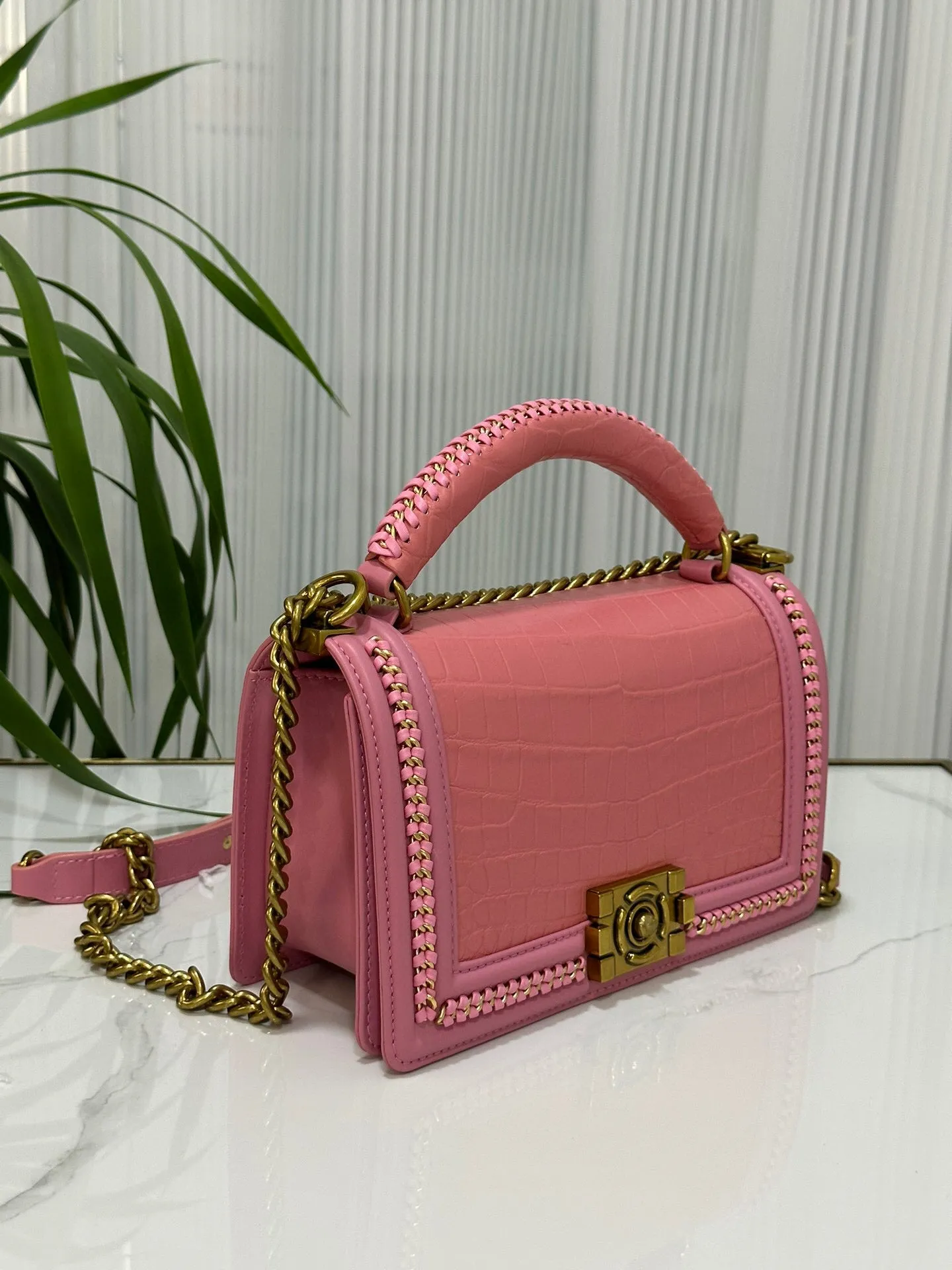 Genuine Crocodile Leather Top Handle Cross Body Flap Chain Bag Pink