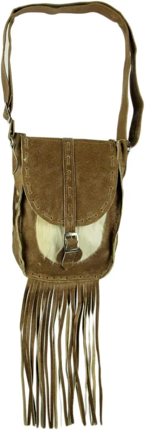 Genuine Leather Hair-On Hide Trim Fringed Crossbody Bag Small