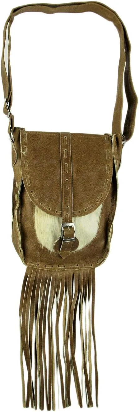 Genuine Leather Hair-On Hide Trim Fringed Crossbody Bag Small
