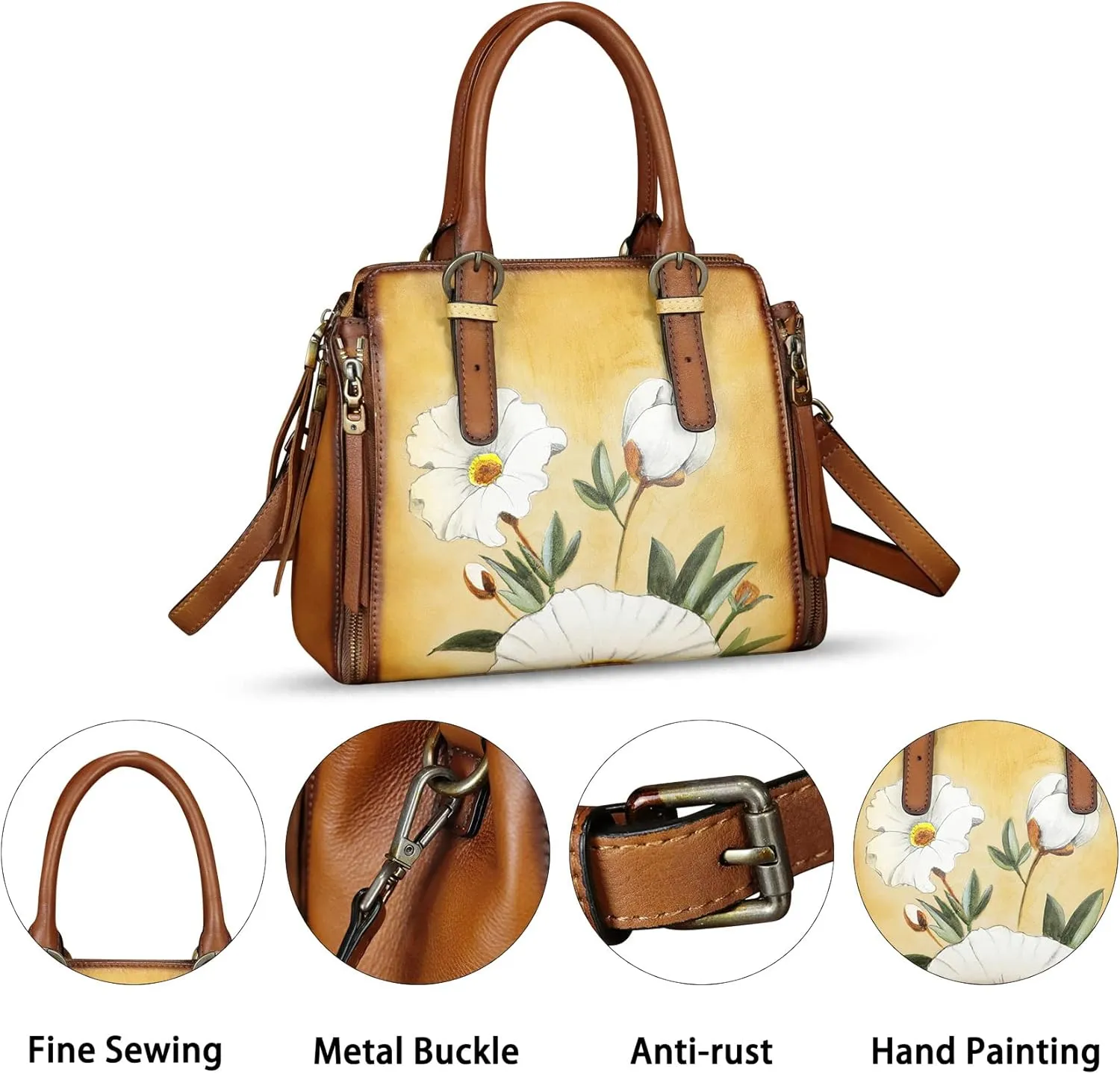 Genuine Leather Handbag for Women Hand Painted Leather Top Handle Purse Handmade Crossbody Satchel Tote Bag