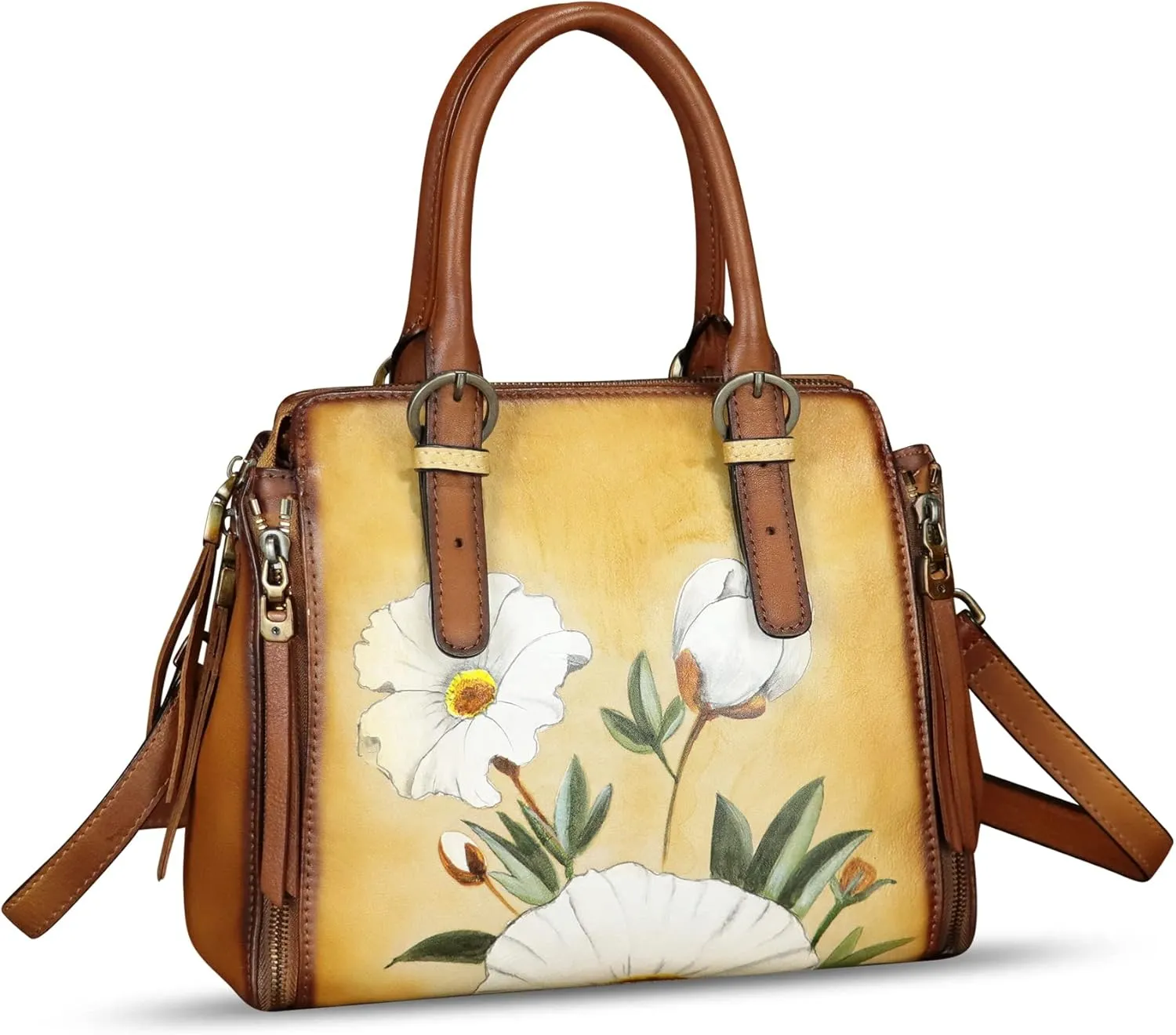 Genuine Leather Handbag for Women Hand Painted Leather Top Handle Purse Handmade Crossbody Satchel Tote Bag