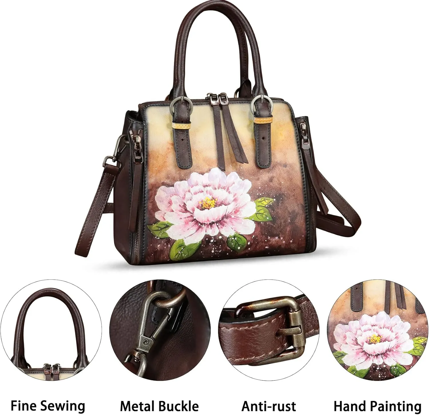 Genuine Leather Handbag for Women Hand Painted Leather Top Handle Purse Handmade Crossbody Satchel Tote Bag