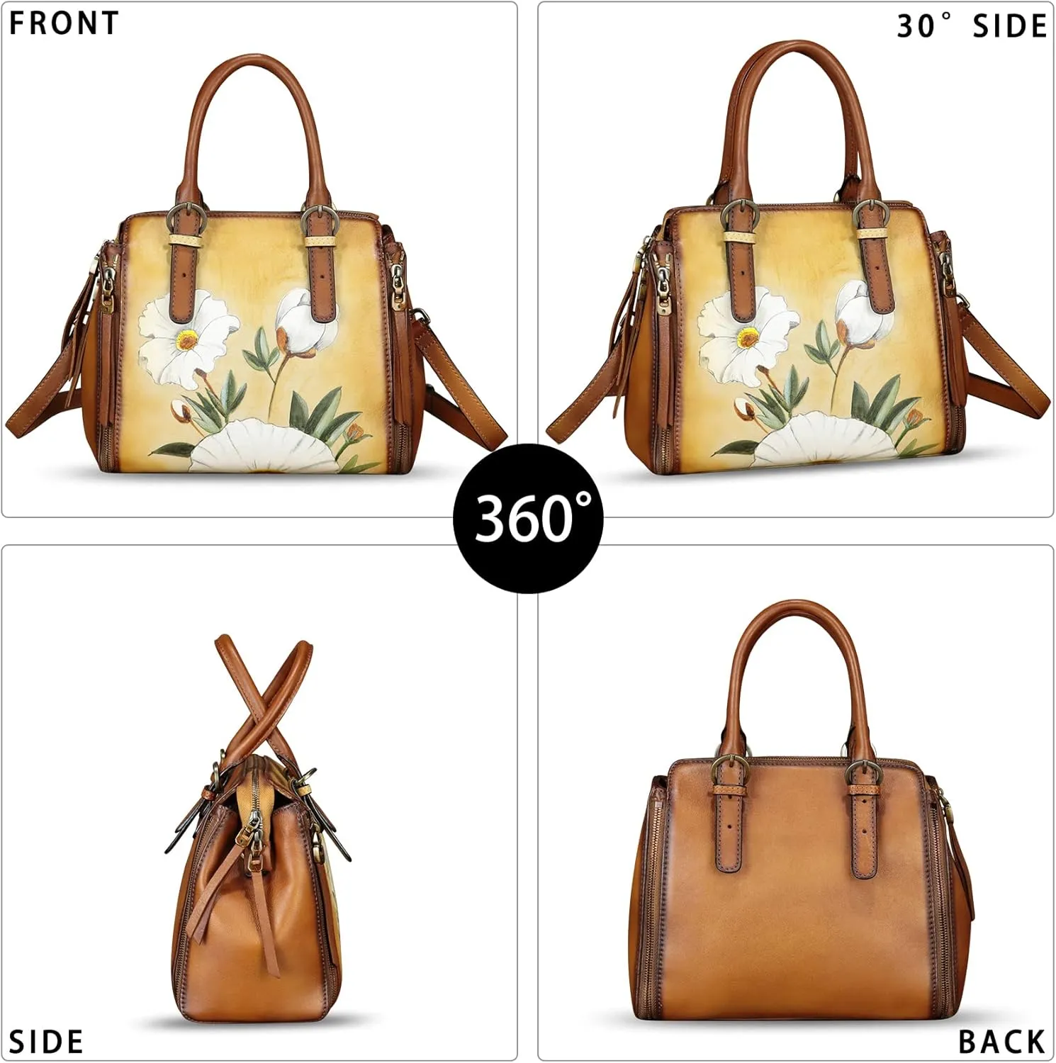 Genuine Leather Handbag for Women Hand Painted Leather Top Handle Purse Handmade Crossbody Satchel Tote Bag